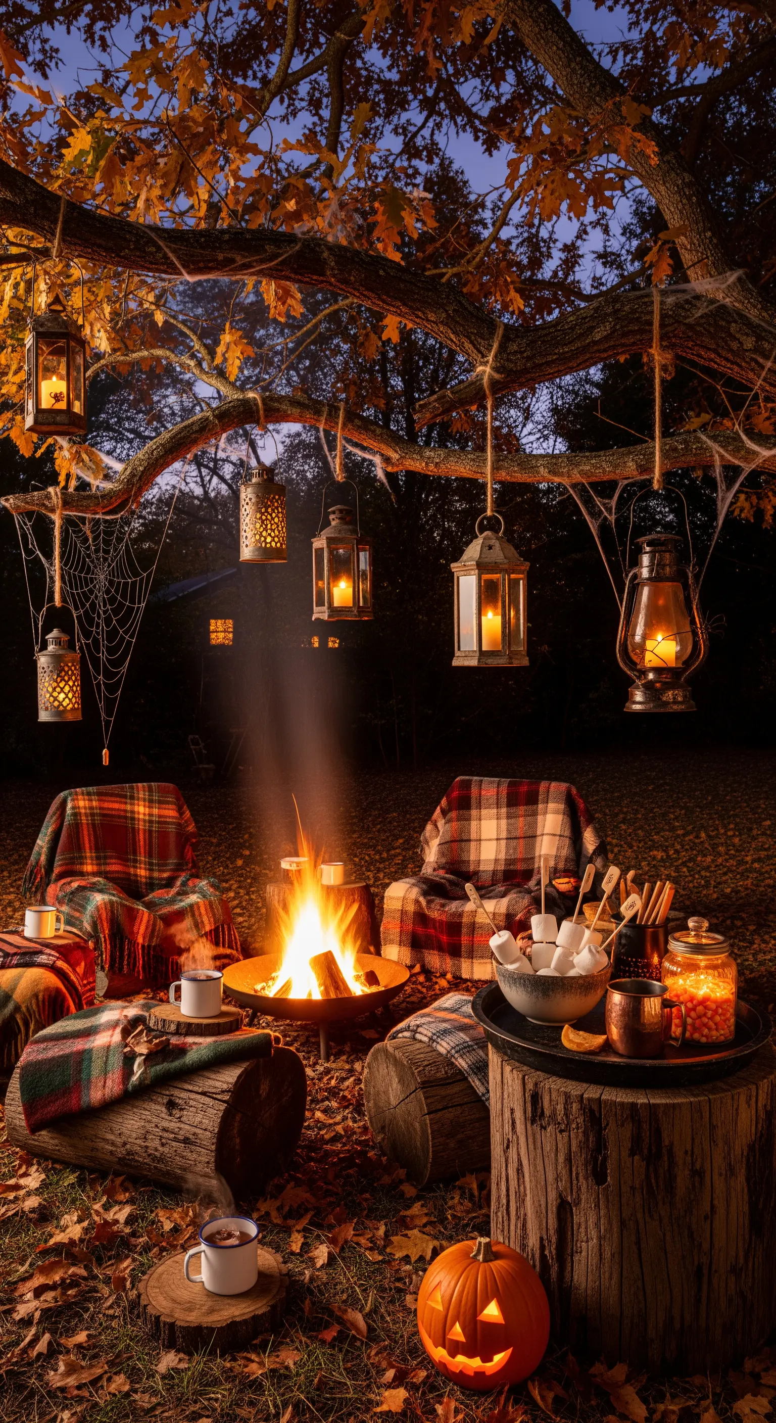 Lagerfeuer im Garten mit Laternen, Plaids, Kürbissen und Marshmallows.
