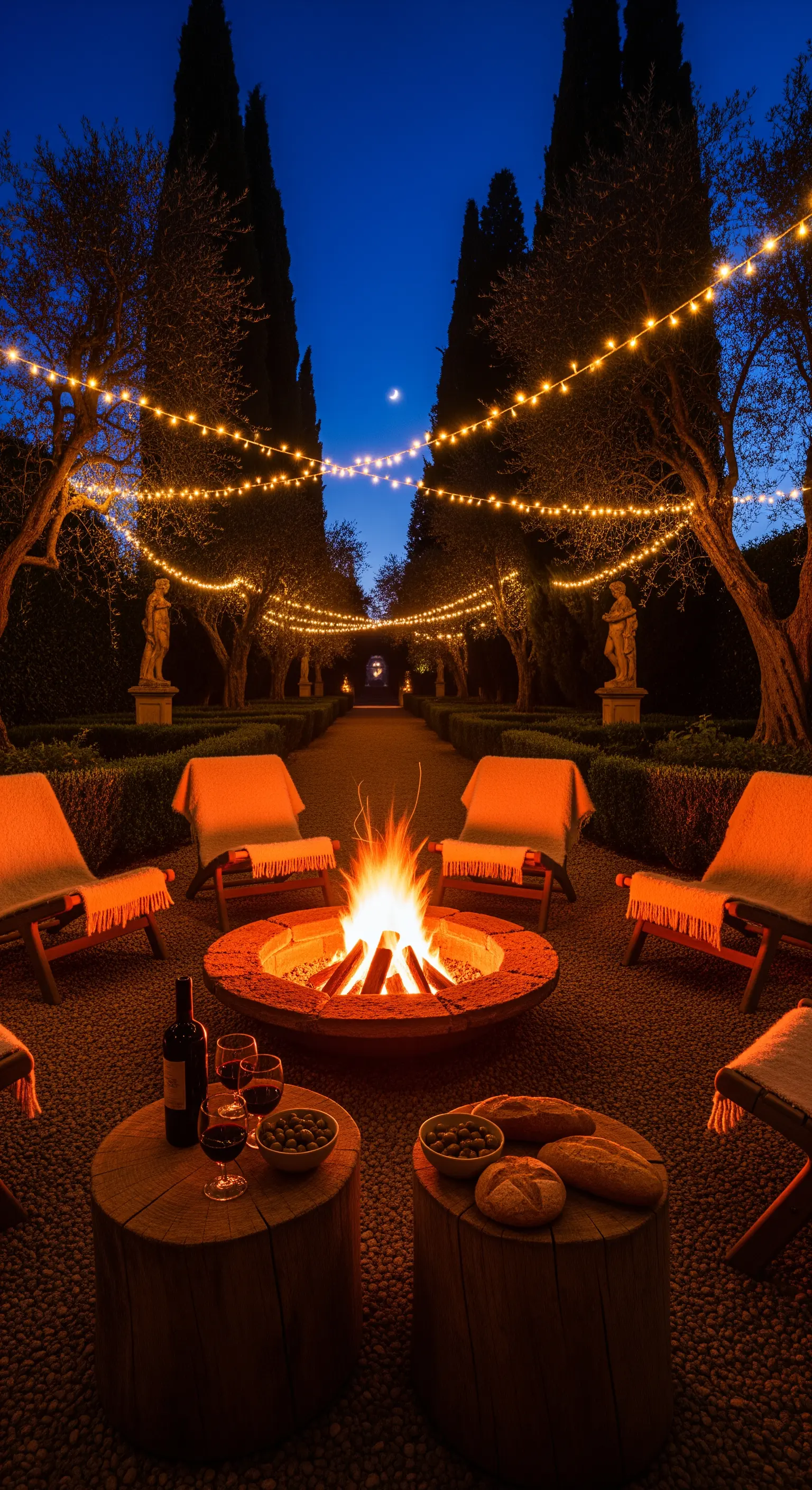 Lagerfeuer im Zypressenhain mit Stühlen, Holztischen und Lichterketten