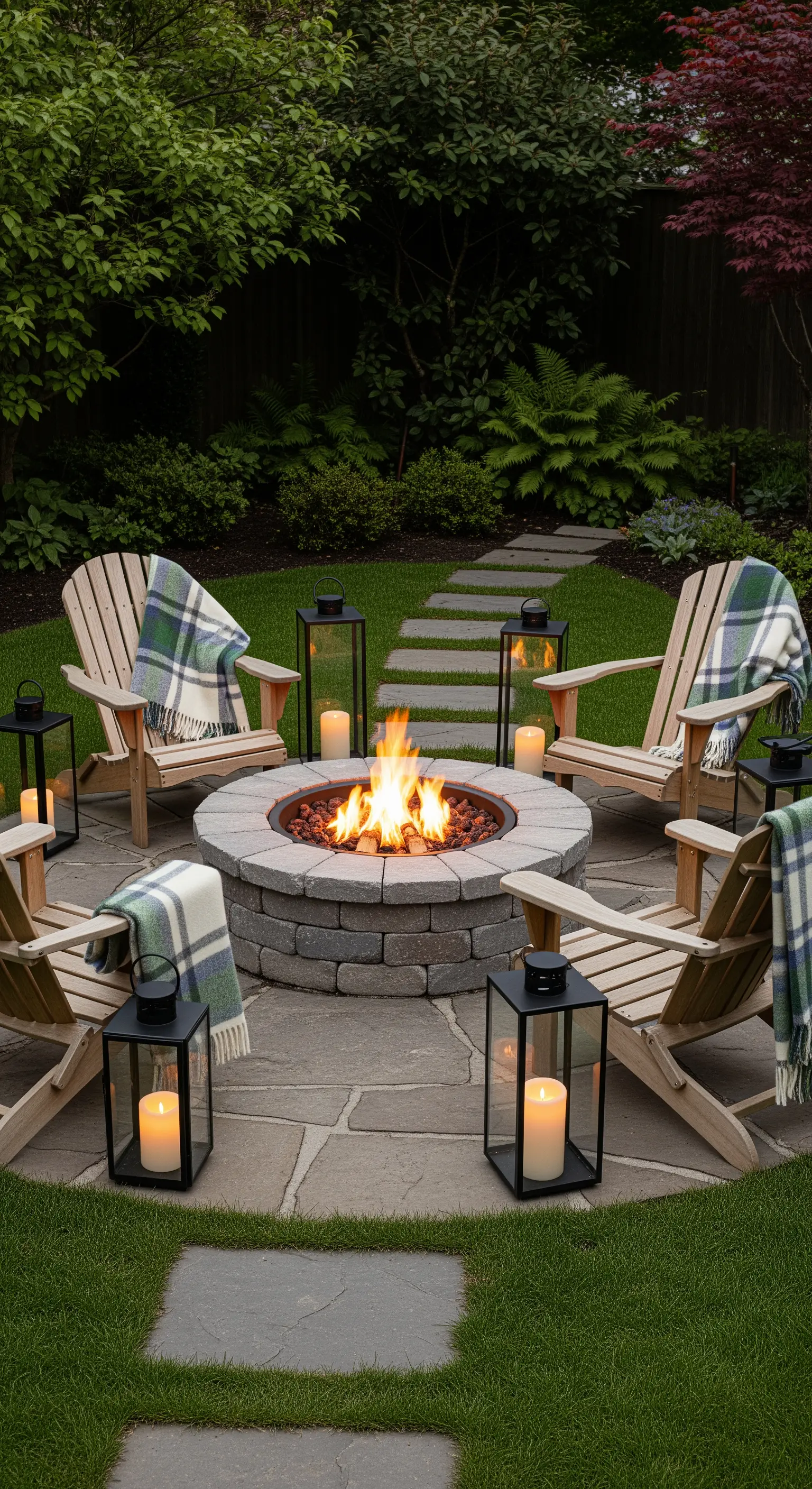 Runde Feuerstelle im Garten, umgeben von Holzstühlen mit Decken und Laternen.
