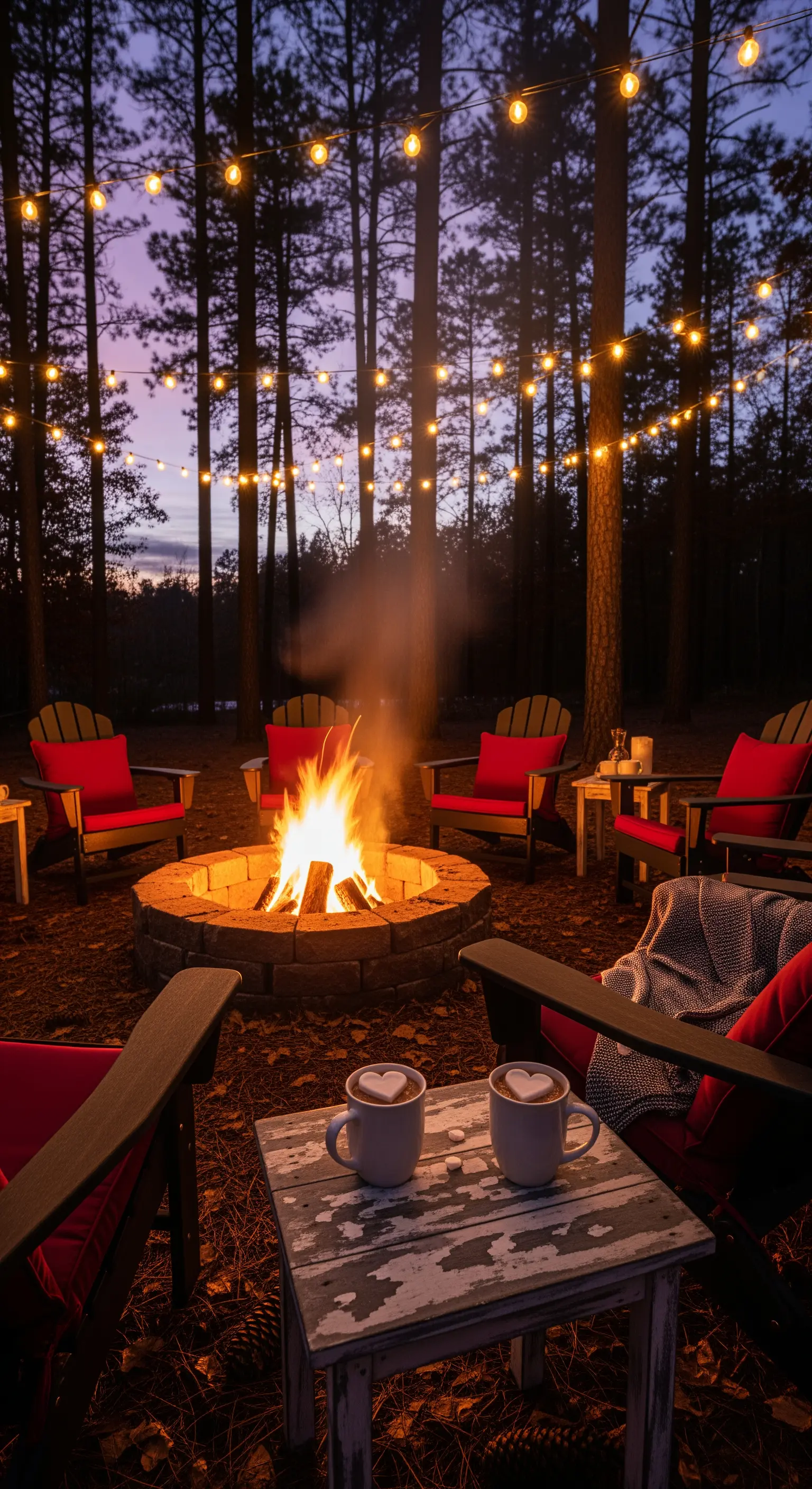 Gemütliche Lagerfeuerszene mit Stühlen, Lichterketten und zwei Tassen Kakao.
