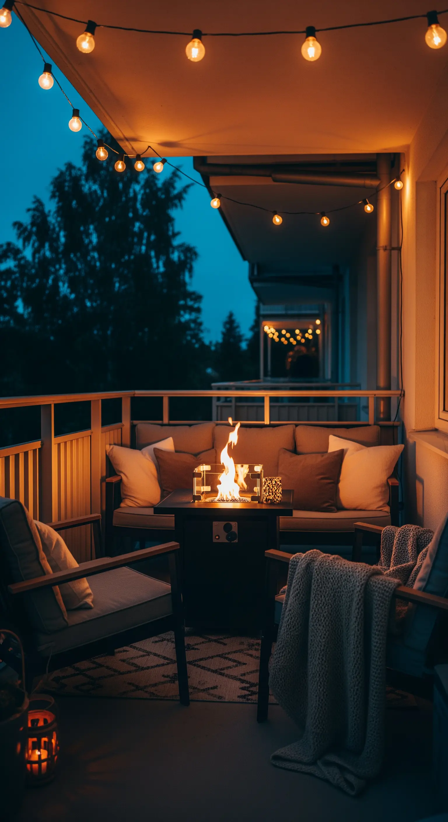 Balkon-Lounge mit einer kleinen Tisch-Feuerstelle in der Mitte