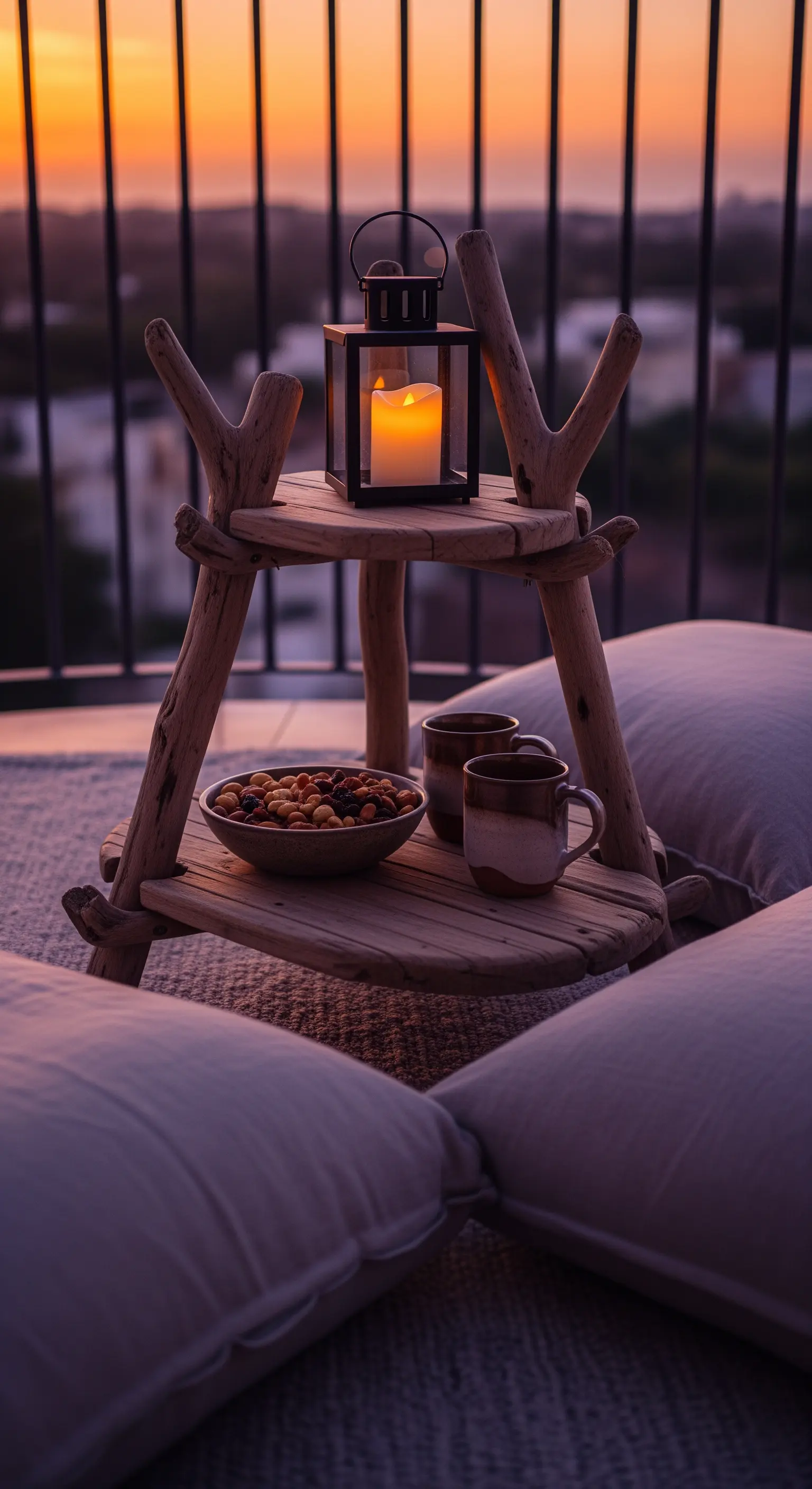 Rustikale Treibholz-Etagere mit einer Kerzenlaterne und Snacks bei Sonnenuntergang.