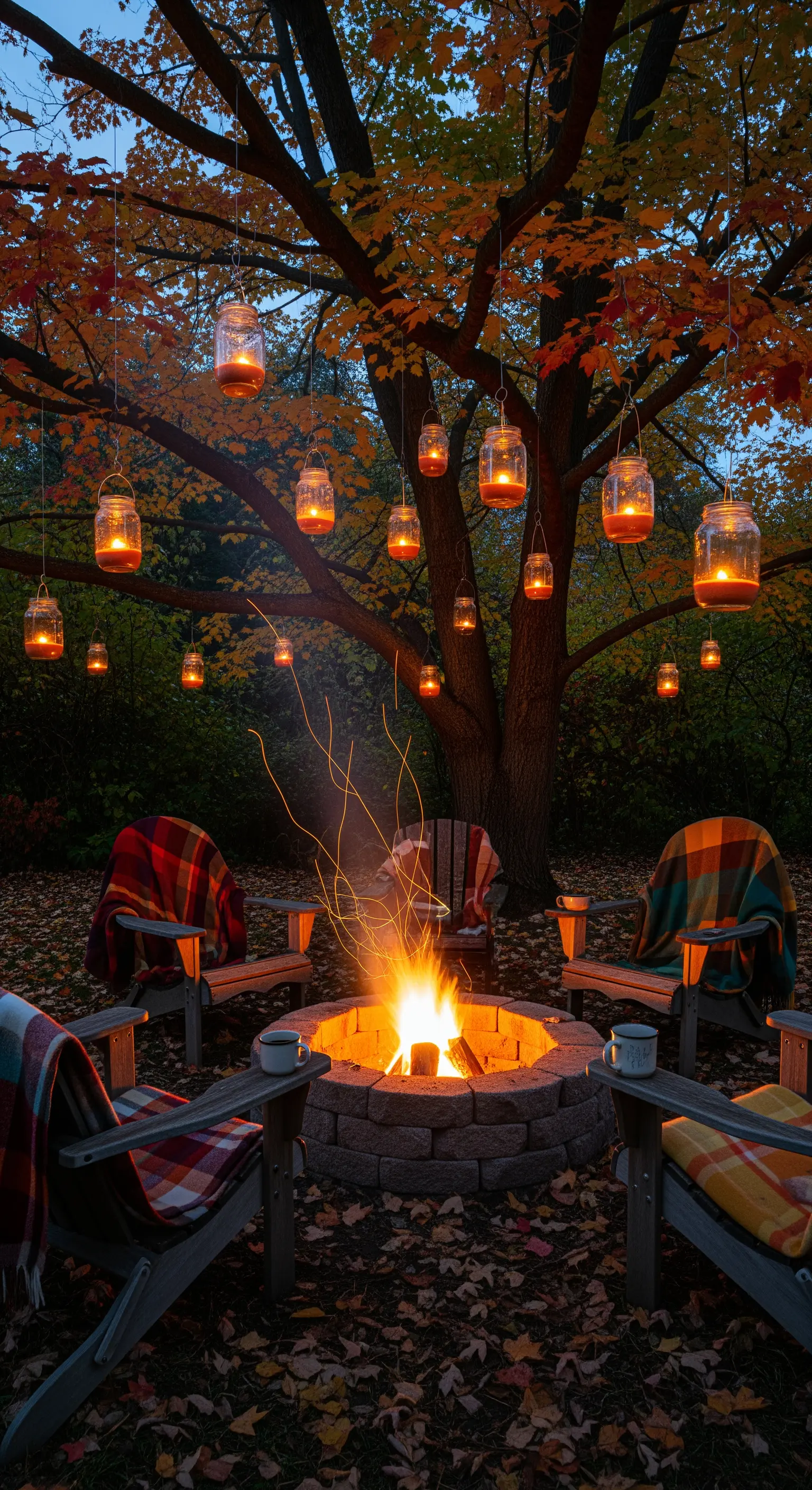Outdoor-Feuerstelle mit Stühlen, Decken und hängenden Mason Jar Lichtern