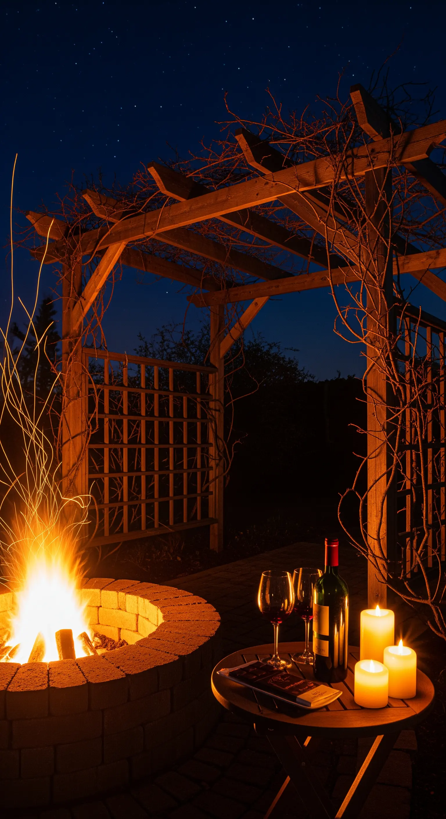 Feuerstelle, Holzpergola, Wein, Kerzen, rustikaler Abend