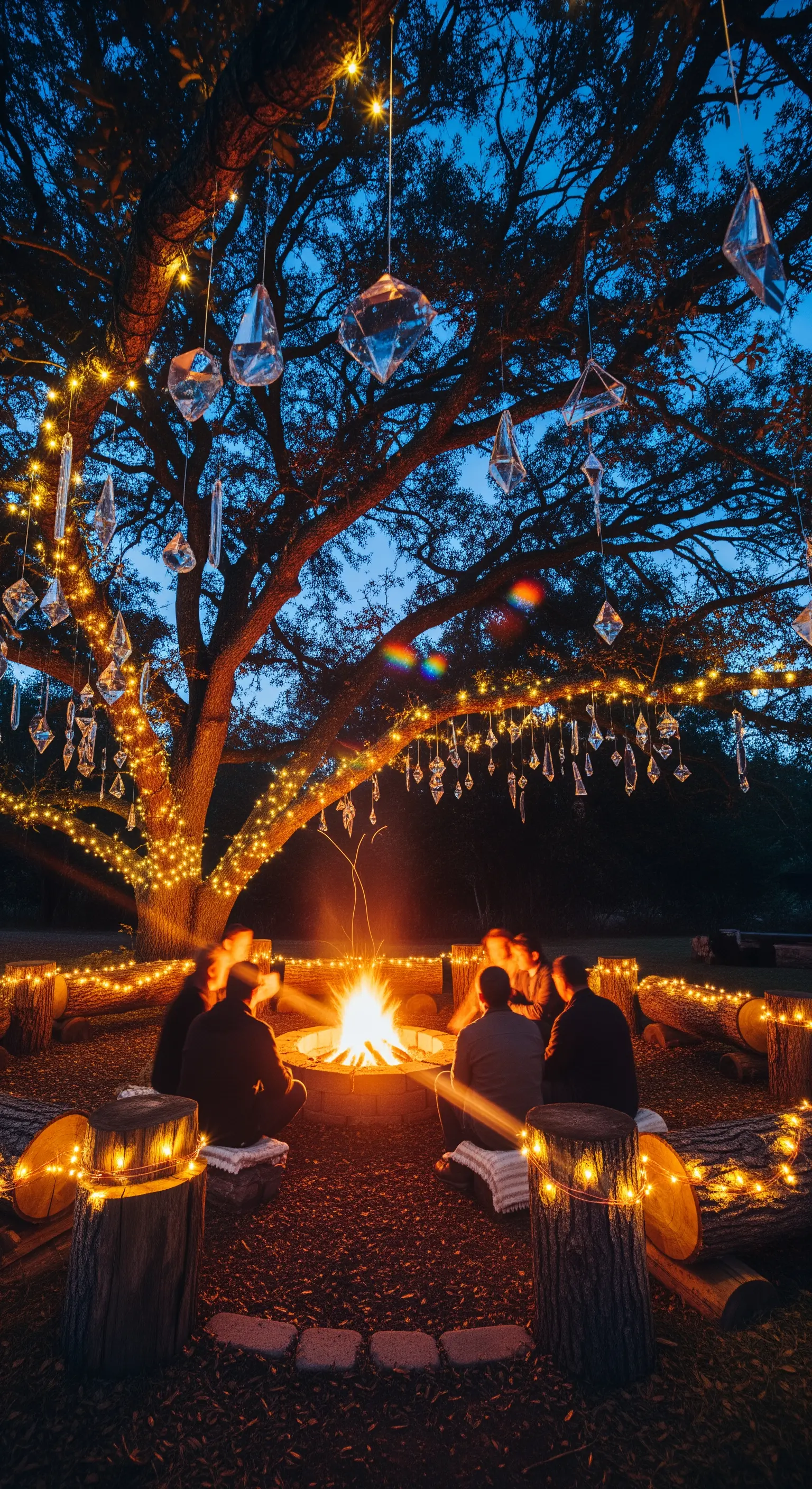 Lagerfeuer unter Baum mit Lichterketten und hängenden Glaskristallen, rustikale Holzsitzgelegenheiten.