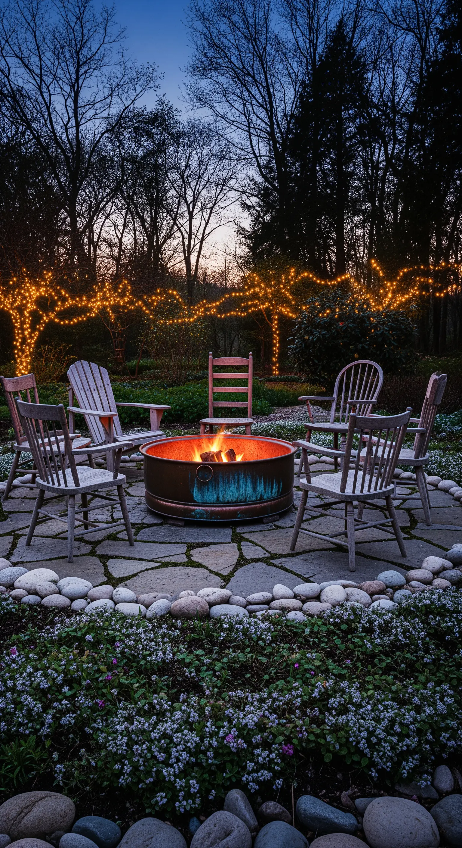 Feuerstelle mit Holzstühlen und Lichterketten in Bäumen bei Dämmerung