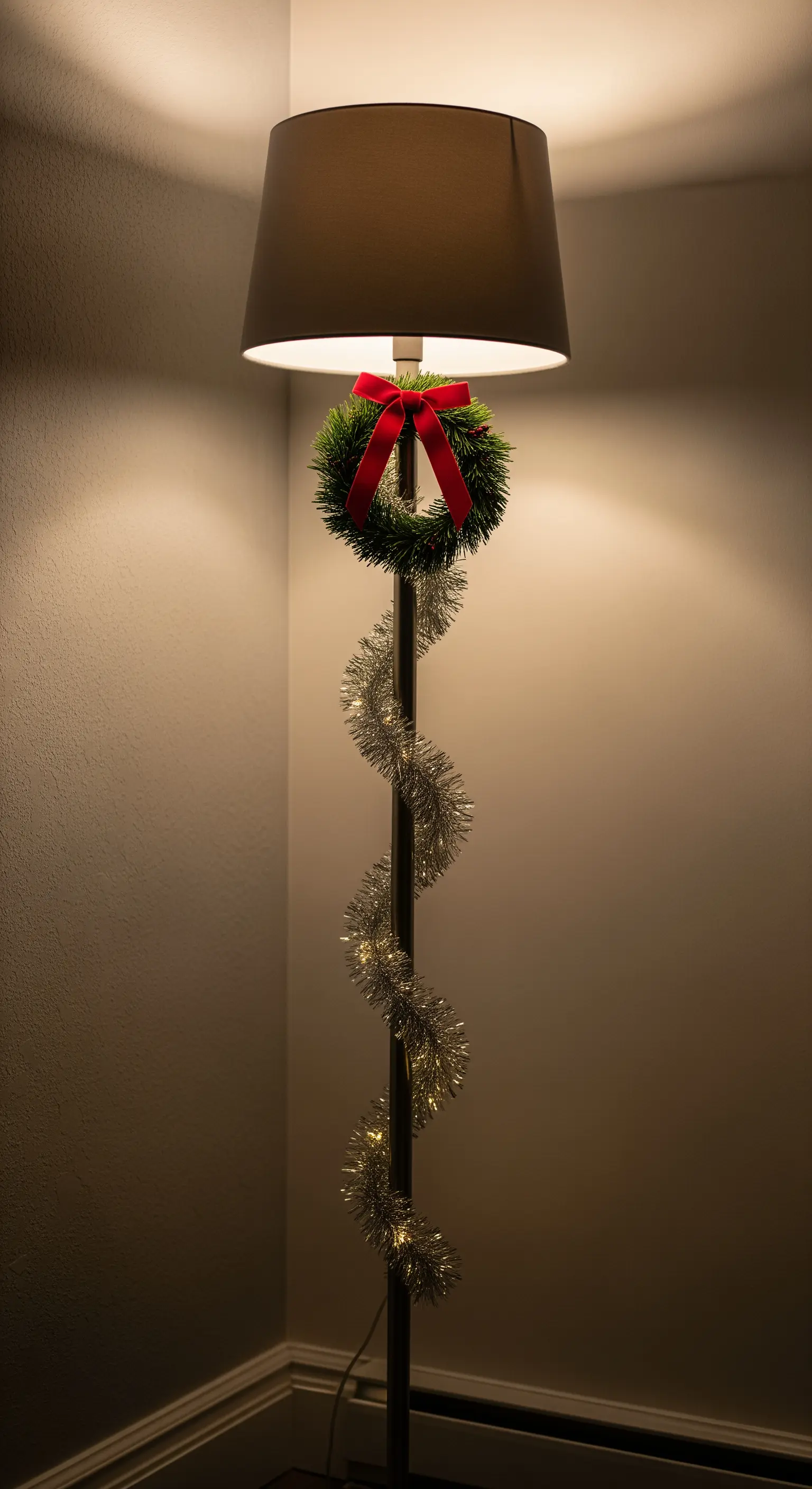 Stehlampe mit Mini-Kranz und glitzernder Lametta-Girlande.