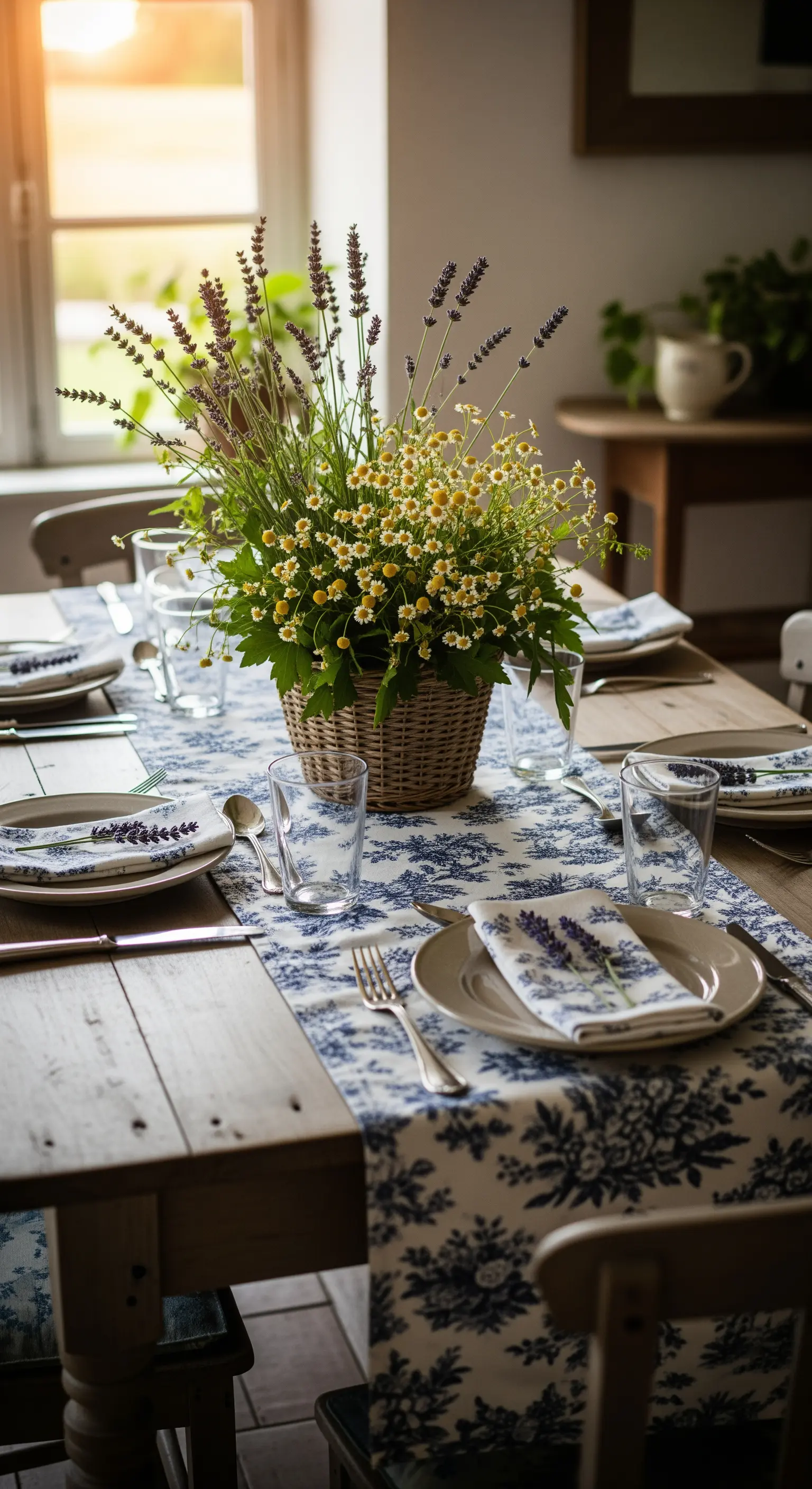 Rustikale Tischdeko mit Lavendel und Kamille in einem Weidenkorb