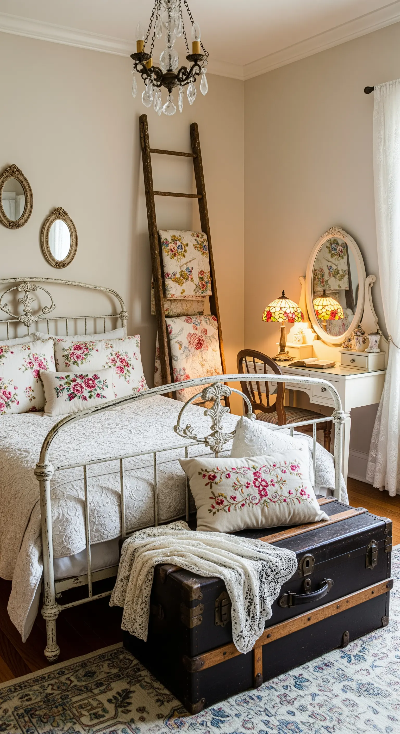 Vintage-Schlafzimmer mit altem Metallbett, einer Leiter für Decken und einem alten Koffer