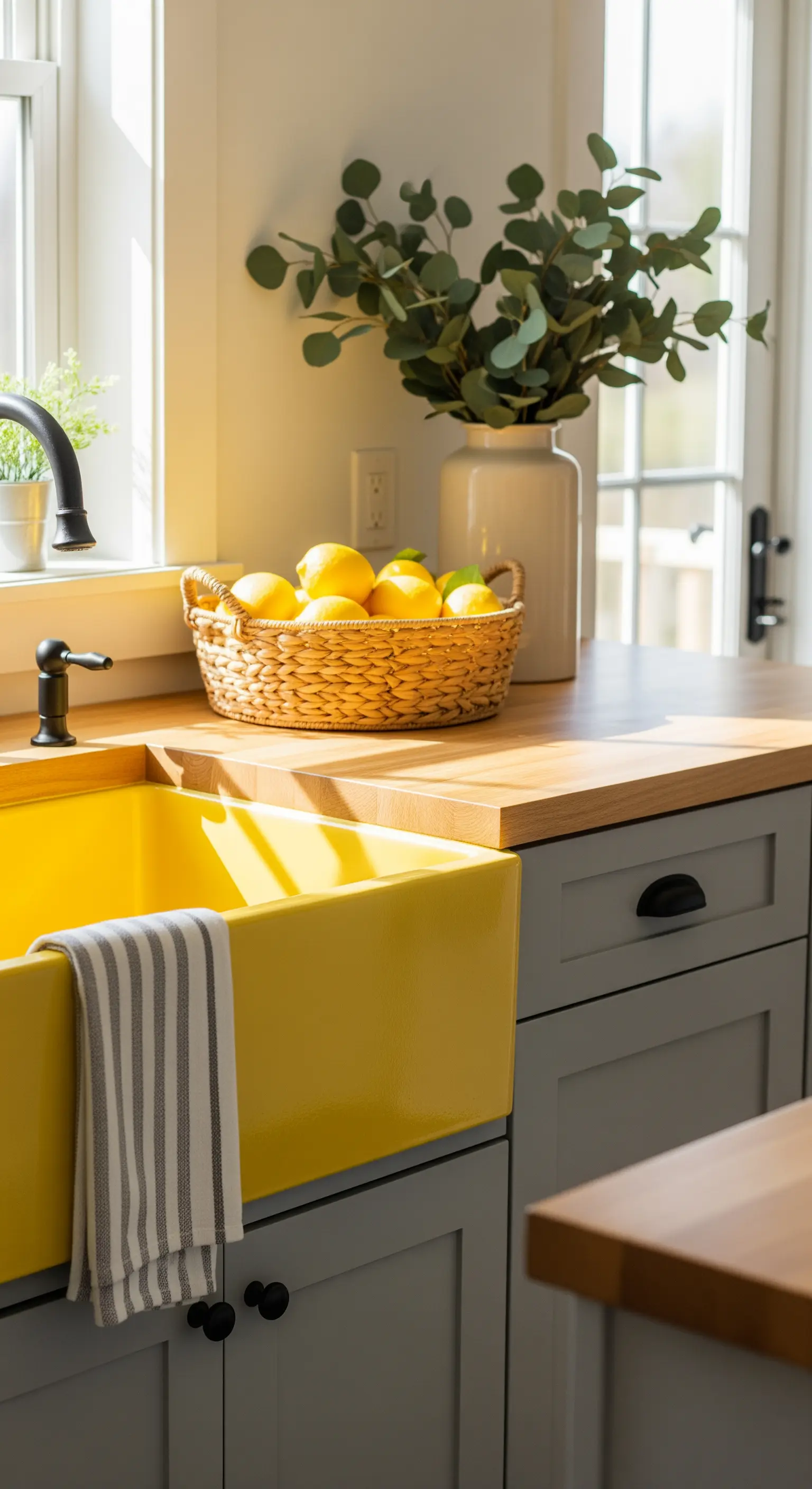 Gelbe Farmhouse-Spüle in einer Landhausküche mit Holz und Zitronen.