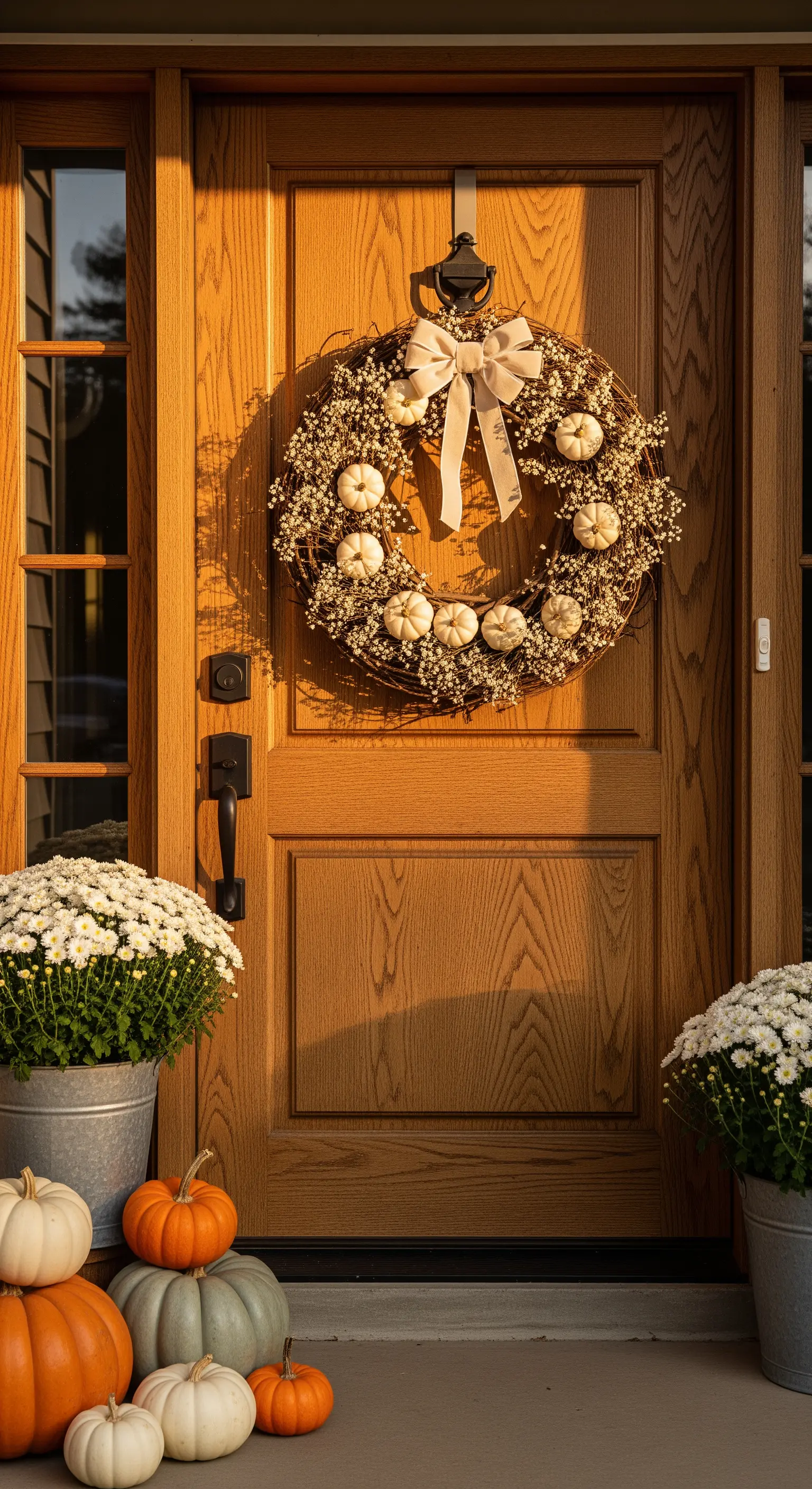Weißer Kürbis- und Schleierkrautkranz an Holztür mit Blumen und Kürbissen