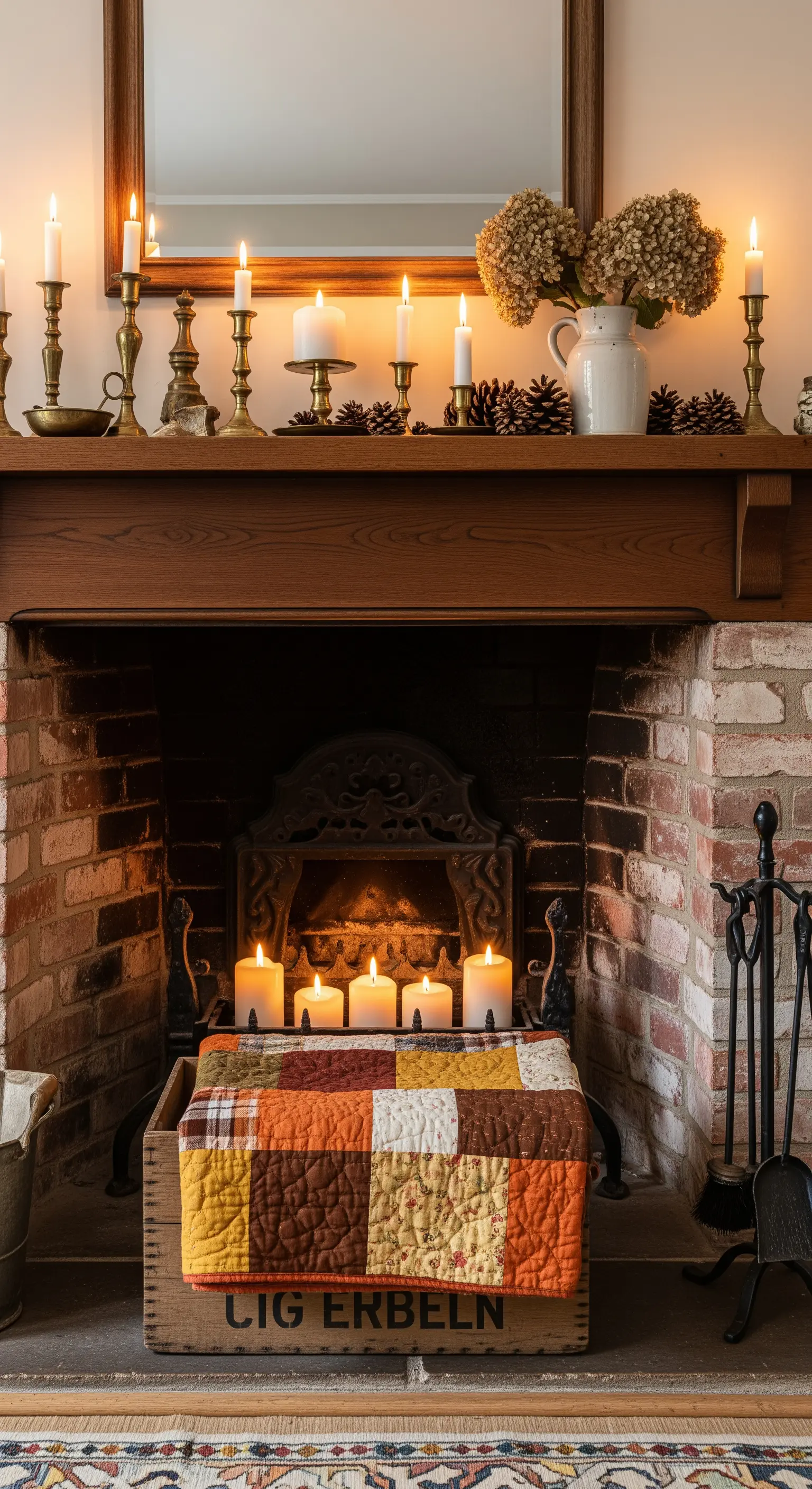 Rustikaler Backsteinkamin mit Messing-Kerzenhaltern und einer Holzkiste mit Quilt.