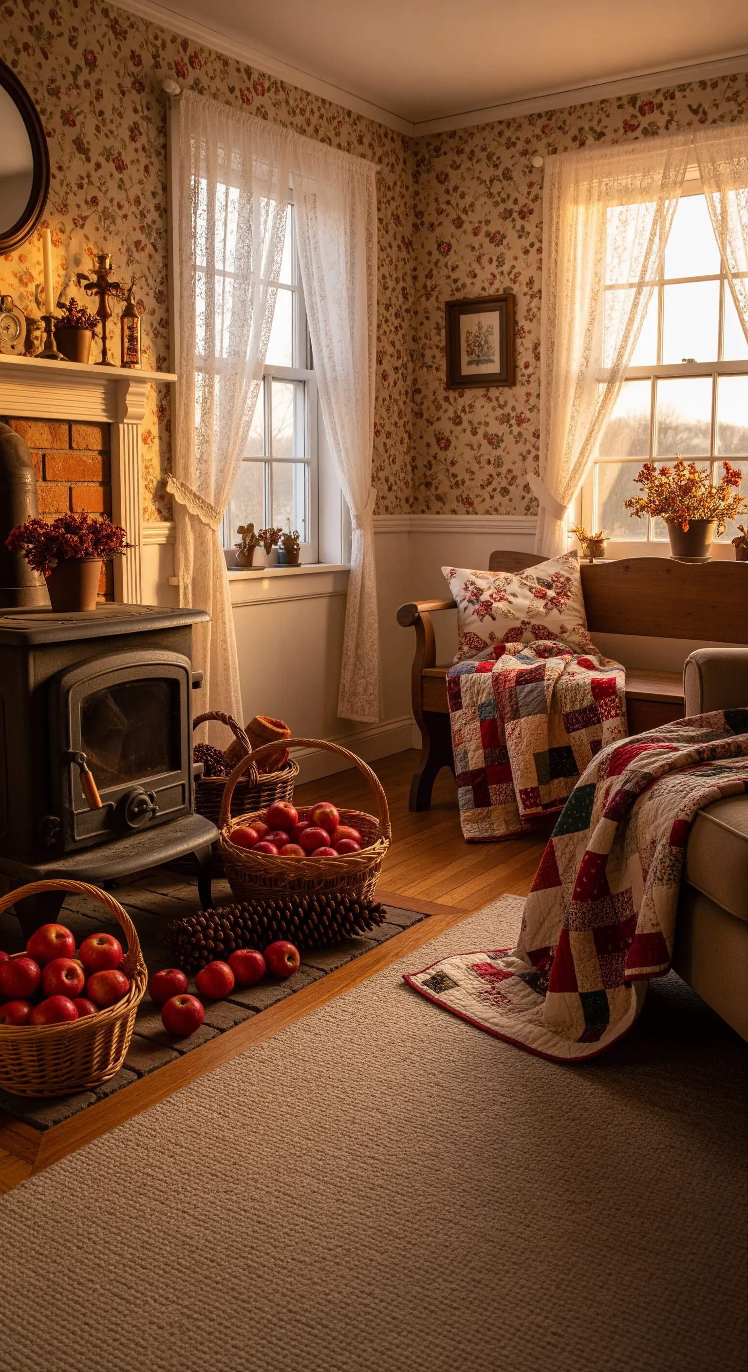 Landhaus-Wohnzimmer mit Holzofen, floraler Tapete und Apfelkörben