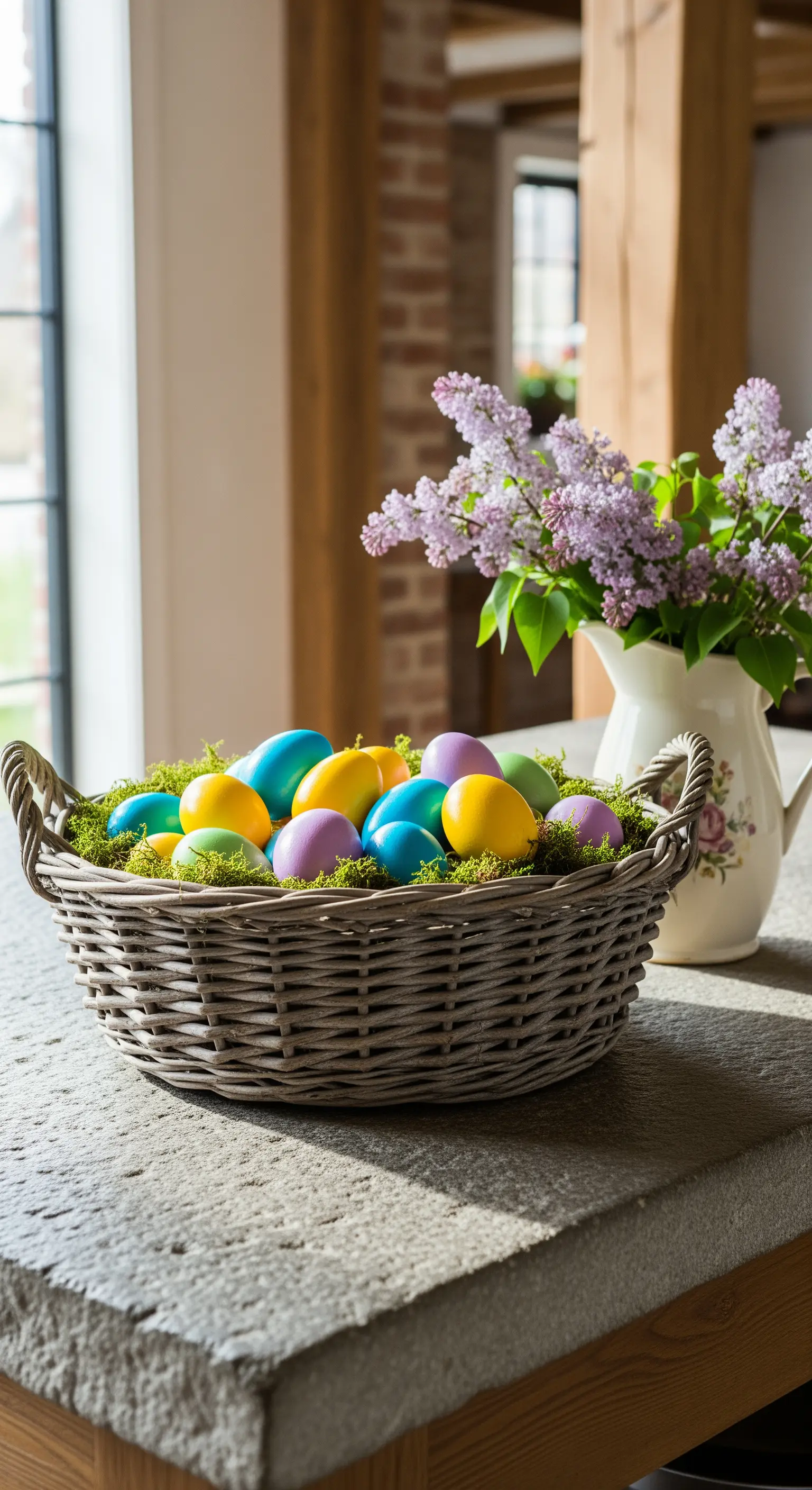Weidenkorb mit bunten Ostereiern auf Steinfläche, daneben eine Vase mit Flieder.