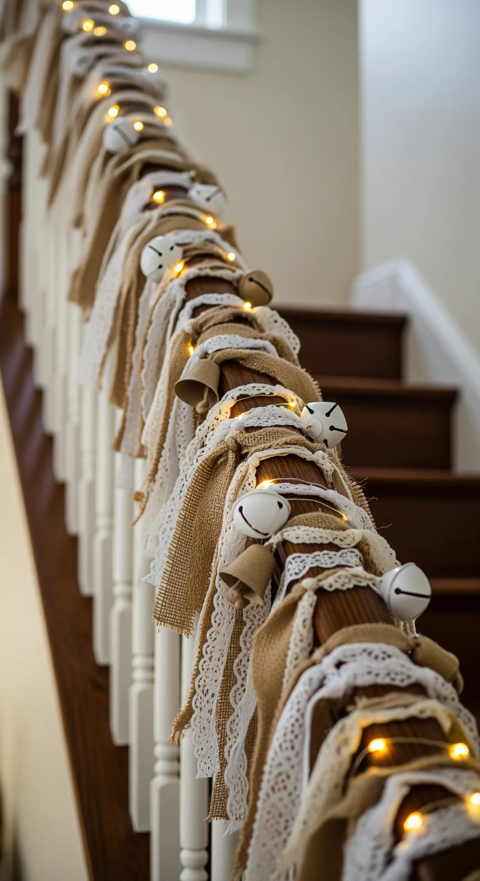 Treppengeländer mit Juteband, Spitzenbändern, Lichterkette und Glöckchen