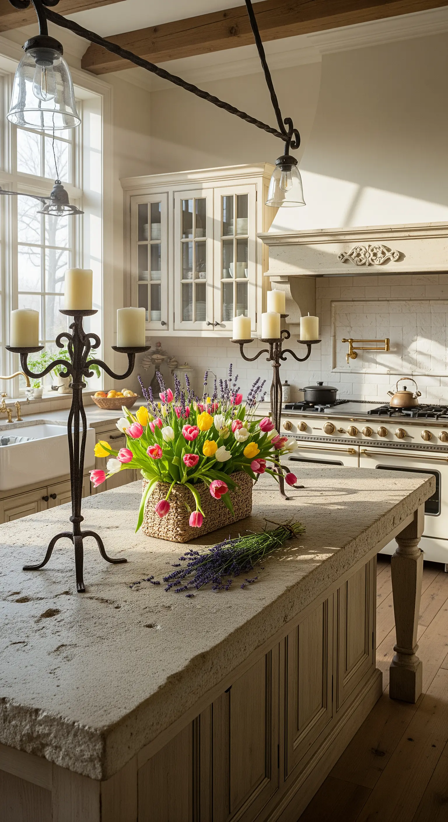 Weidenkorb mit bunten Tulpen und Lavendel, rustikale Kerzenständer auf Steinkücheninsel