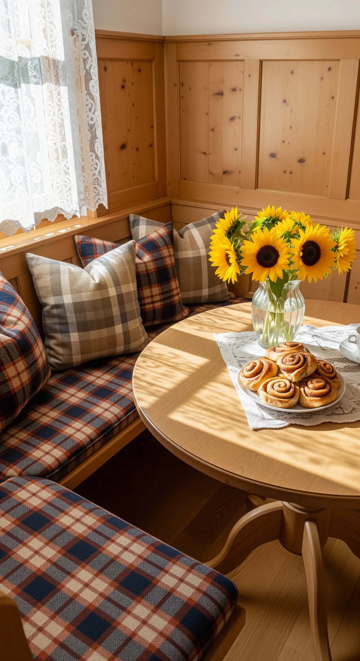 Eckbank, Karokissen, Sonnenblumen, Zimtschnecken, Landhaus