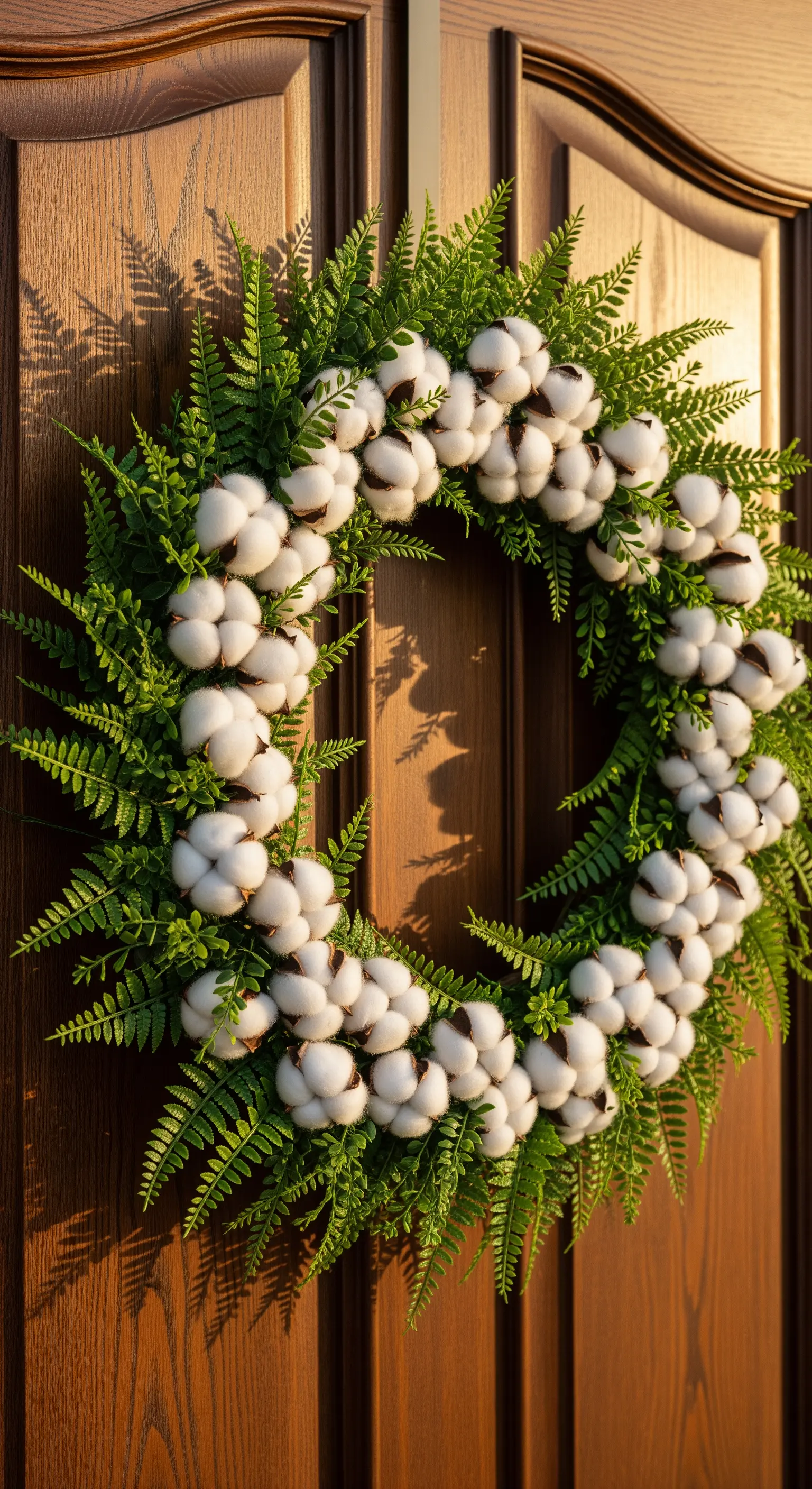 Kranz aus Baumwollkapseln und Farnzweigen auf einer braunen Holztür.