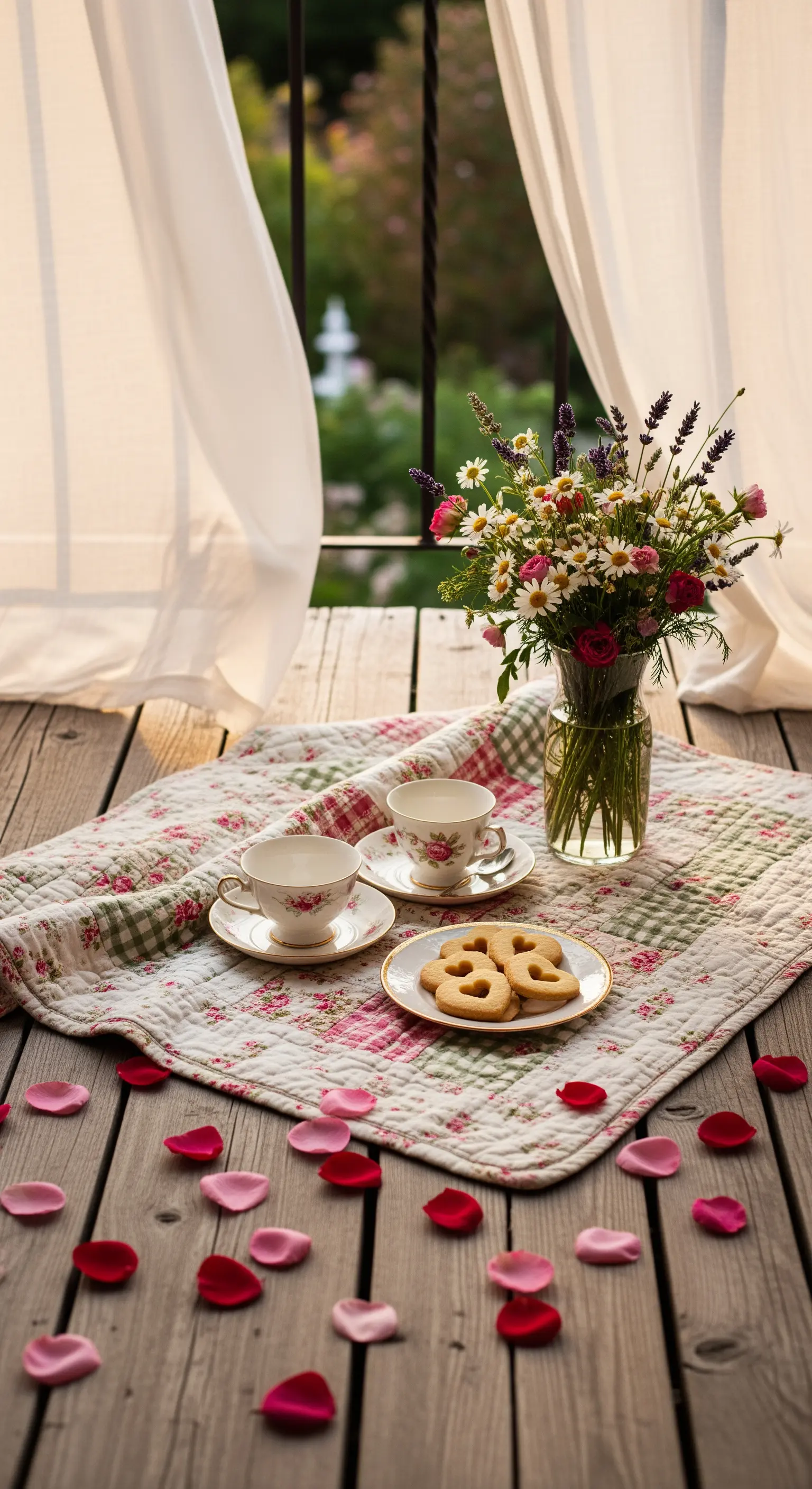 Landhaus-Balkon mit floralem Tischset, Wiesenblumen, Vintage-Tassen und Herz-Keksen.