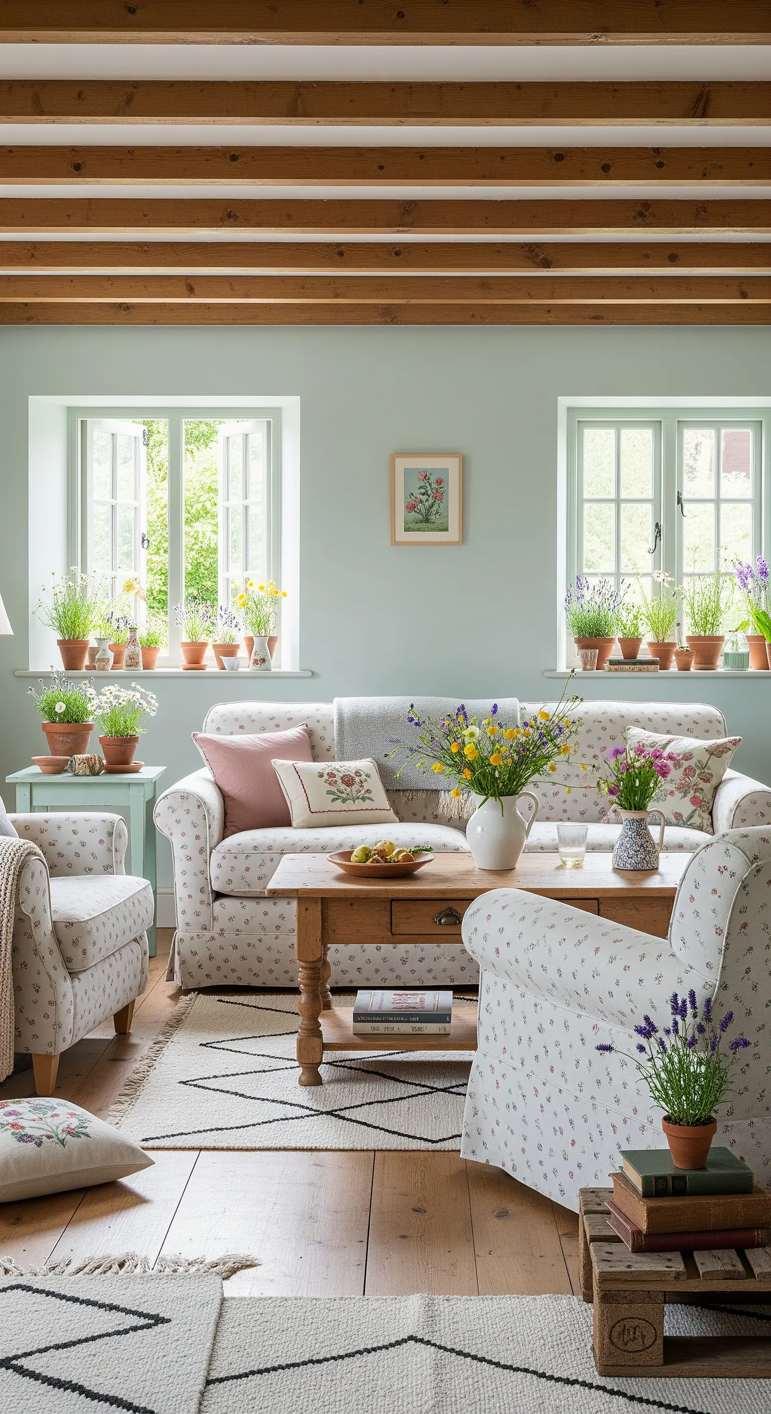 Landhaus-Wohnzimmer, Blumensitzmöbel, Holzbalken, Topfpflanzen auf Fensterbank