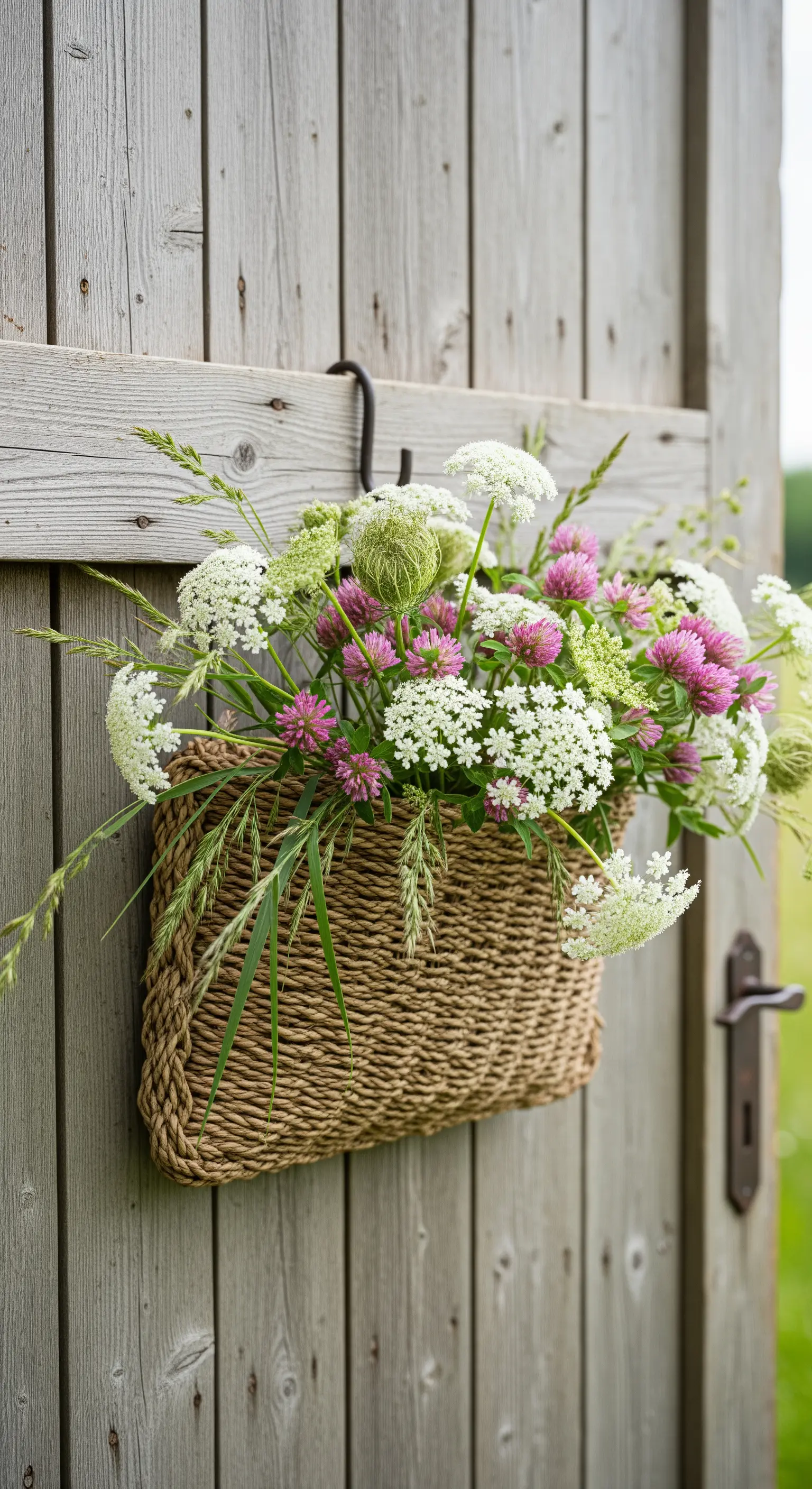 Geflochtener Korb, gefüllt mit weißen und rosa Wildblumen sowie Gräsern, an einer Holztür.
