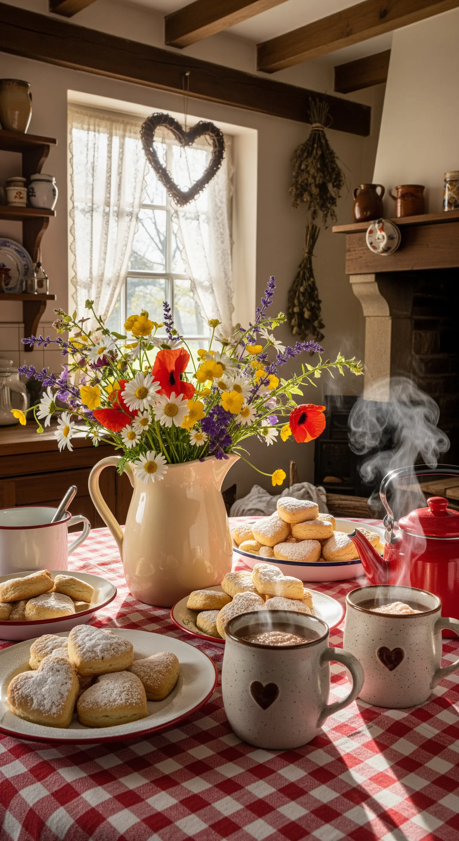Landhaus-Tisch mit rot-weiß karierter Decke, Wildblumenkrug, Herzkeksen und Herzmotiv-Tassen