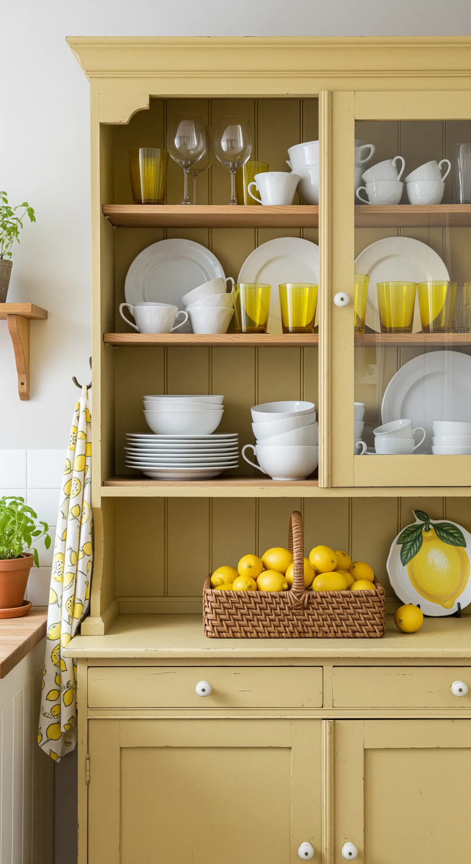 Gelbe Vitrine mit weißen Tellern, gelben Gläsern und Zitronen