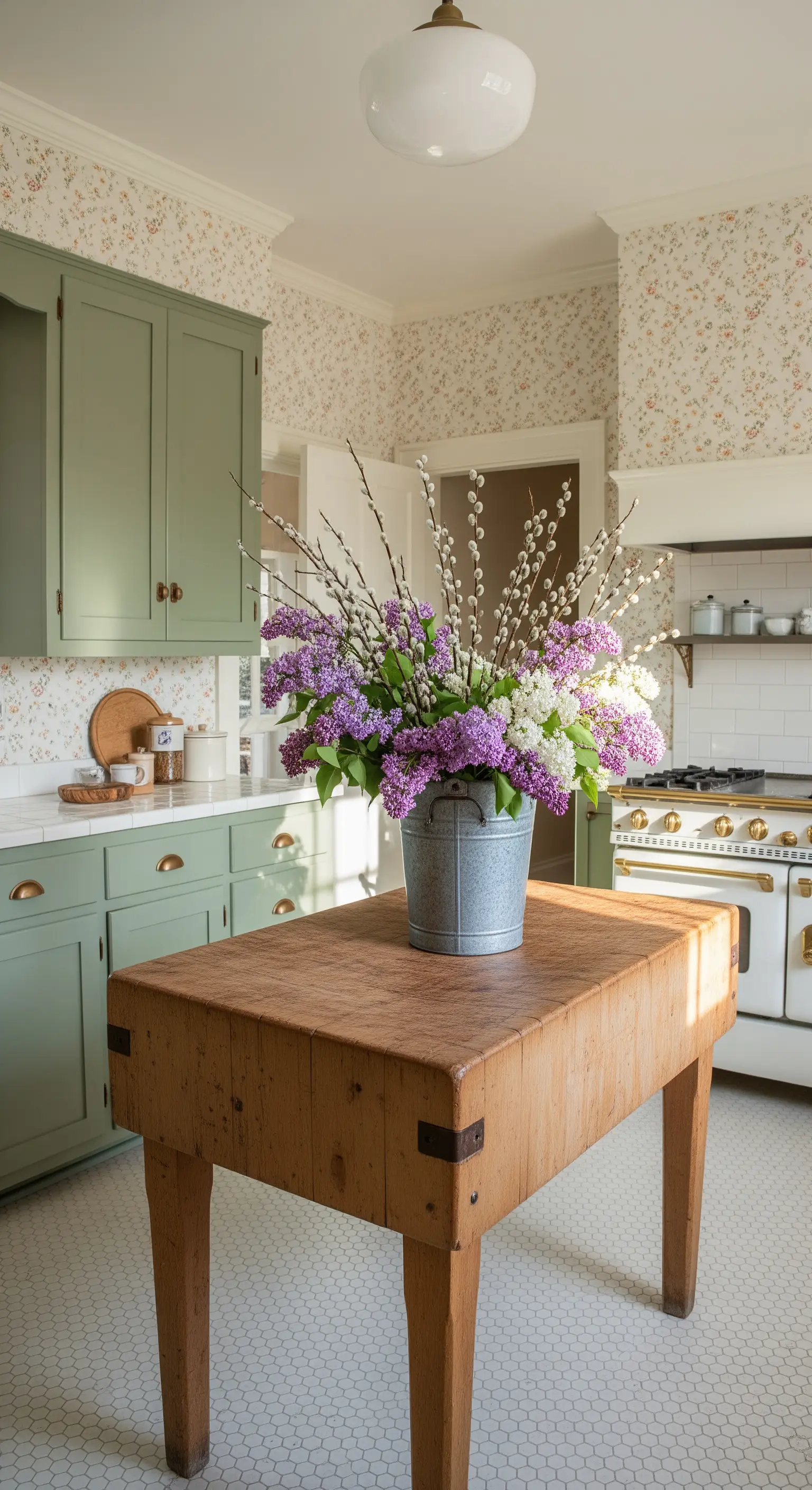 Flieder und Weidenkätzchen in Zinkeimer auf Holzblock in Landhausküche