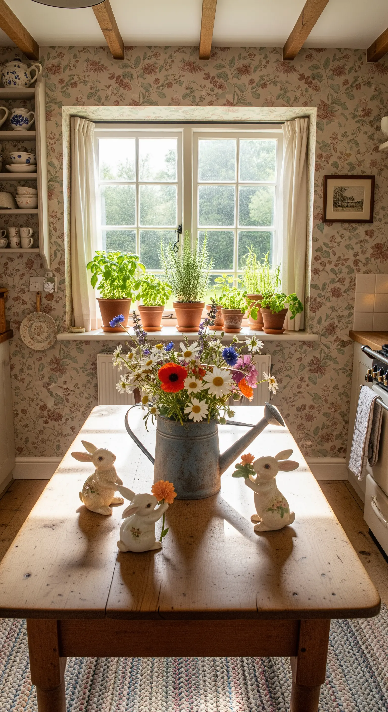 Landhausküche mit Blumentapete, Holztisch, Wildblumen-Gießkanne und Keramikhasen.