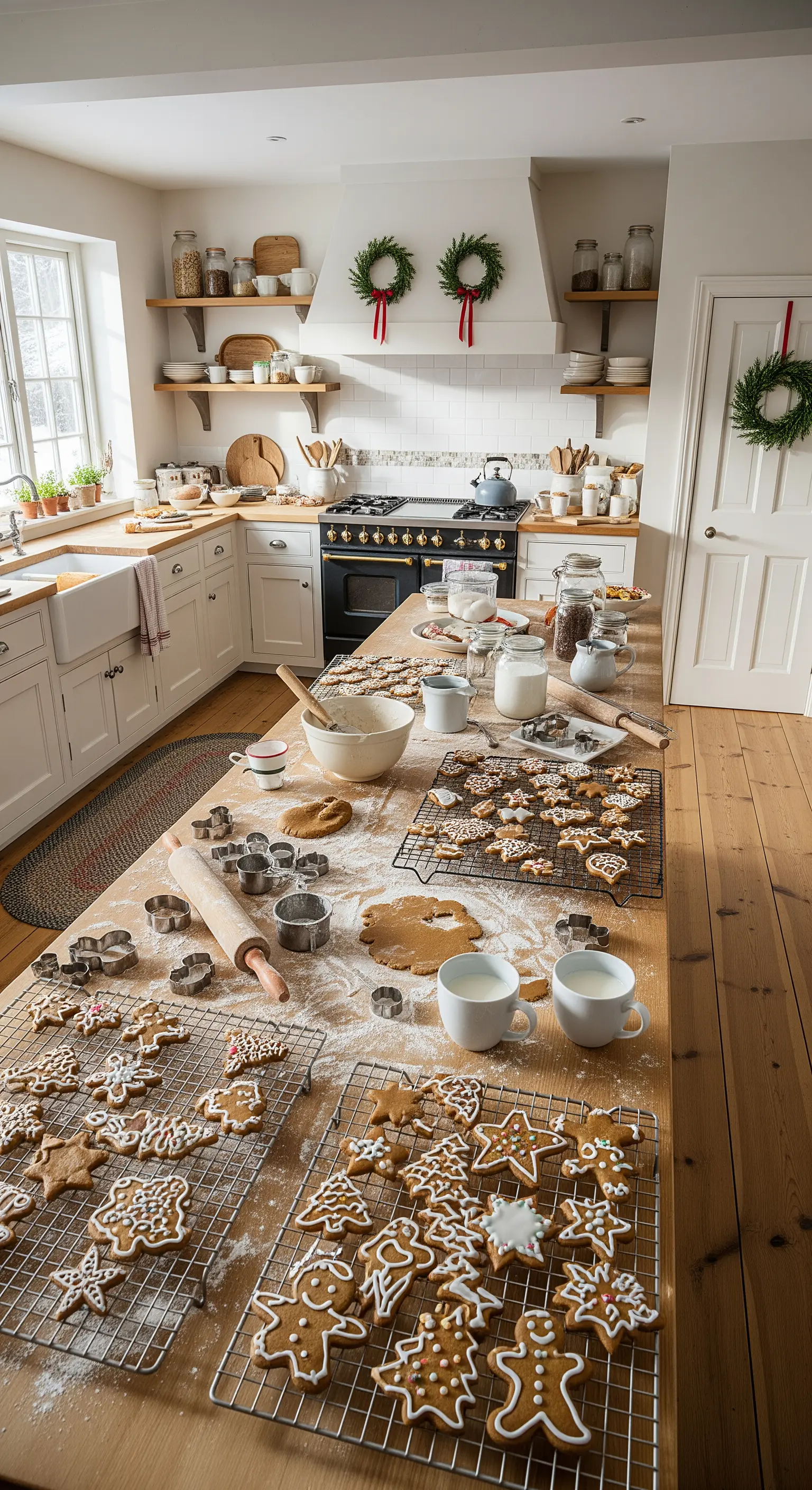 Weitläufige Landhausküche mit Backutensilien und zwei hängenden Kränzen über dem Herd