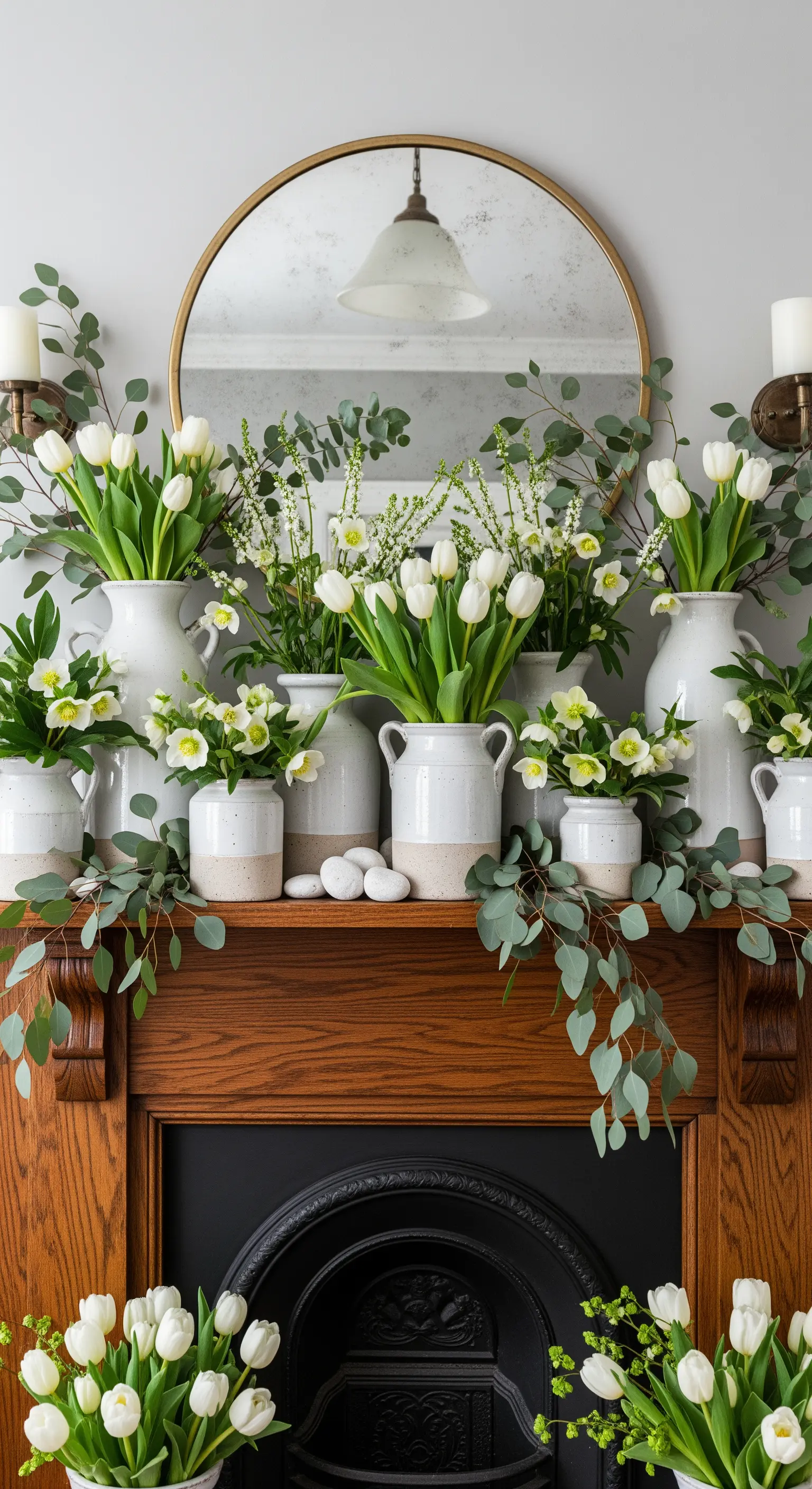 Holzkamin überladen mit weißen Tulpen und Eukalyptus in rustikalen Keramikvasen.