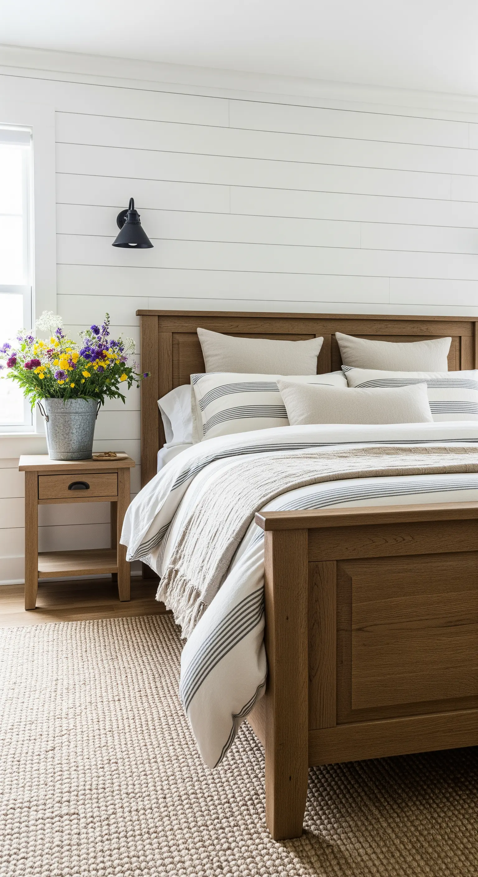 Farmhouse-Schlafzimmer mit Holzbett, weißer Holzwand und einem Eimer mit Wildblumen