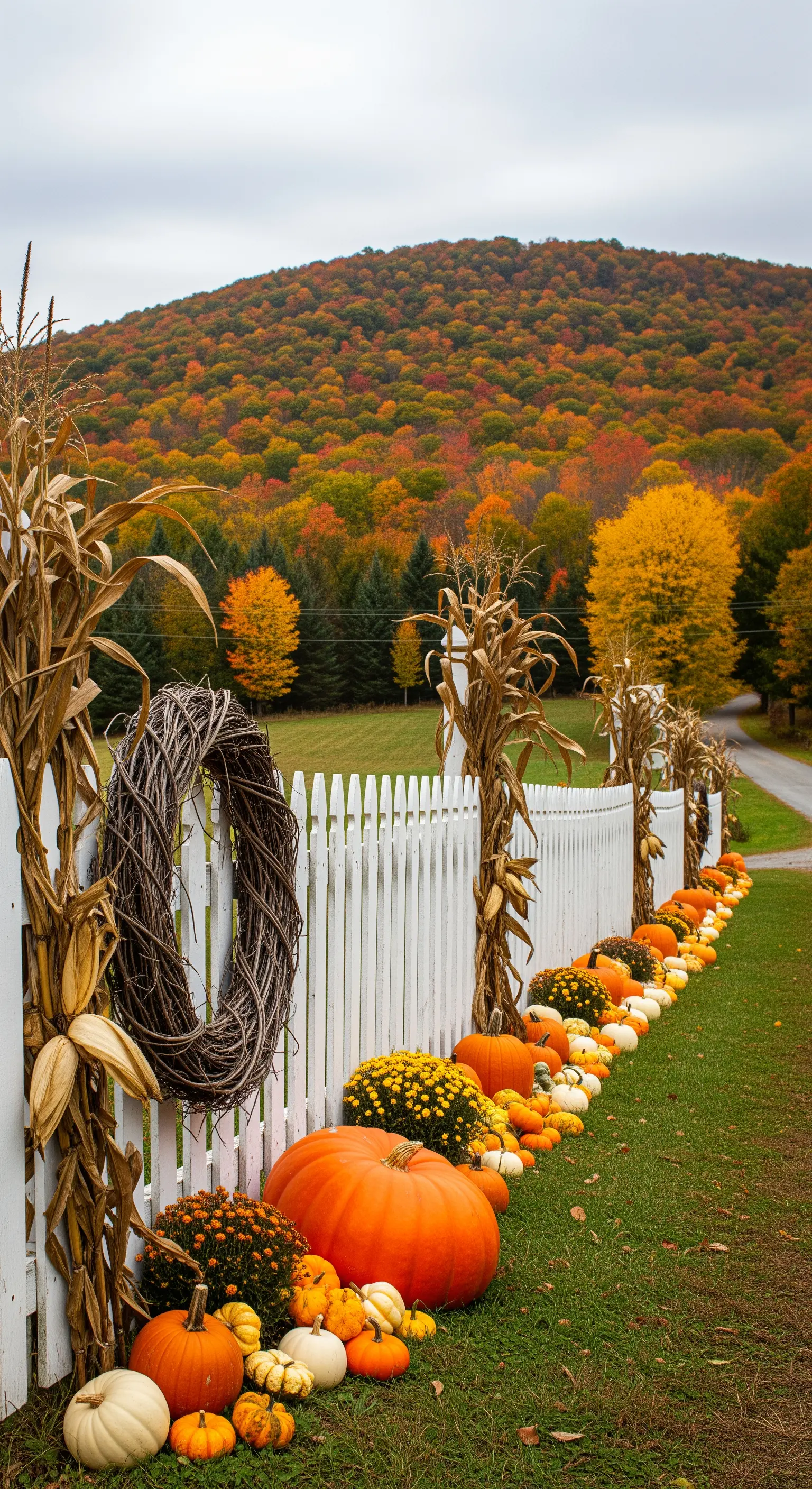 Herbstliche Zaun-Dekoration mit Maiskolben, Kränzen, Kürbissen und Chrysanthemen