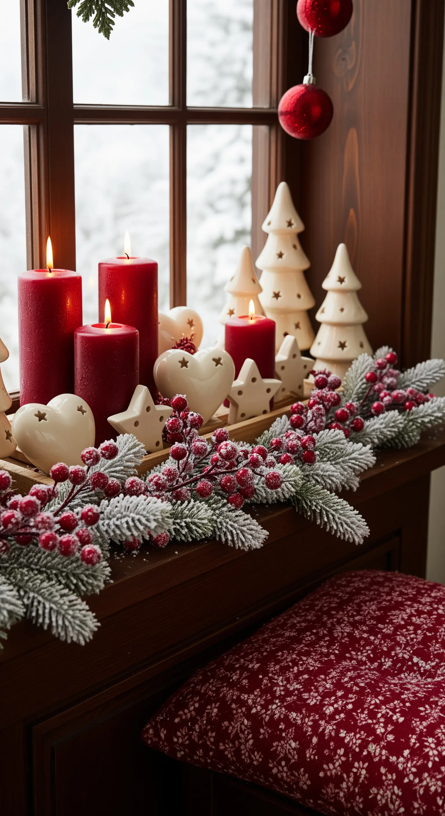 Rote Kerzen und cremefarbene Keramik-Deko auf einem Holztablett mit Beerengirlande.
