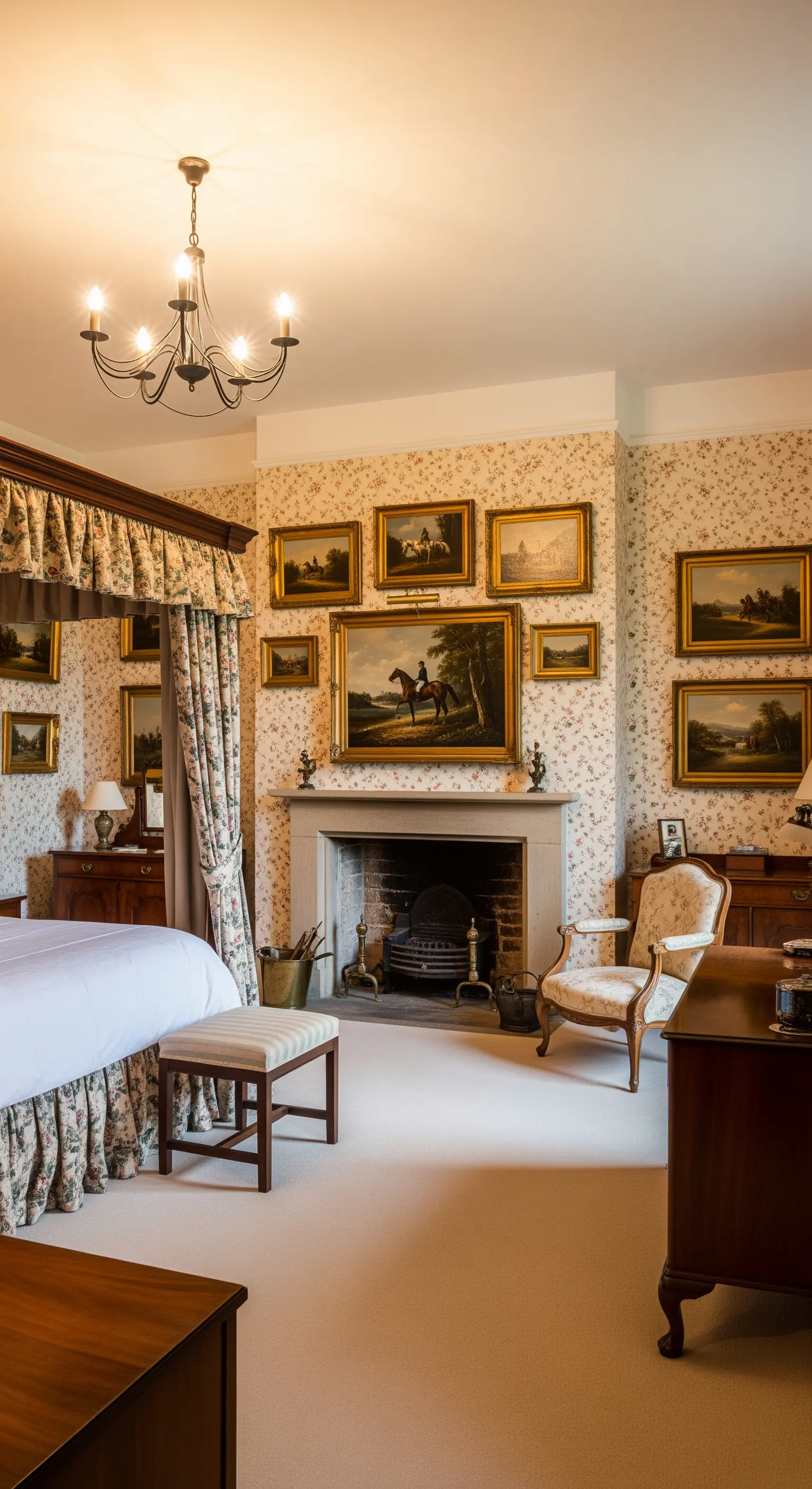 Englisches Landhaus-Schlafzimmer mit Landschaftsgemälden in Goldrahmen um einen Kamin.