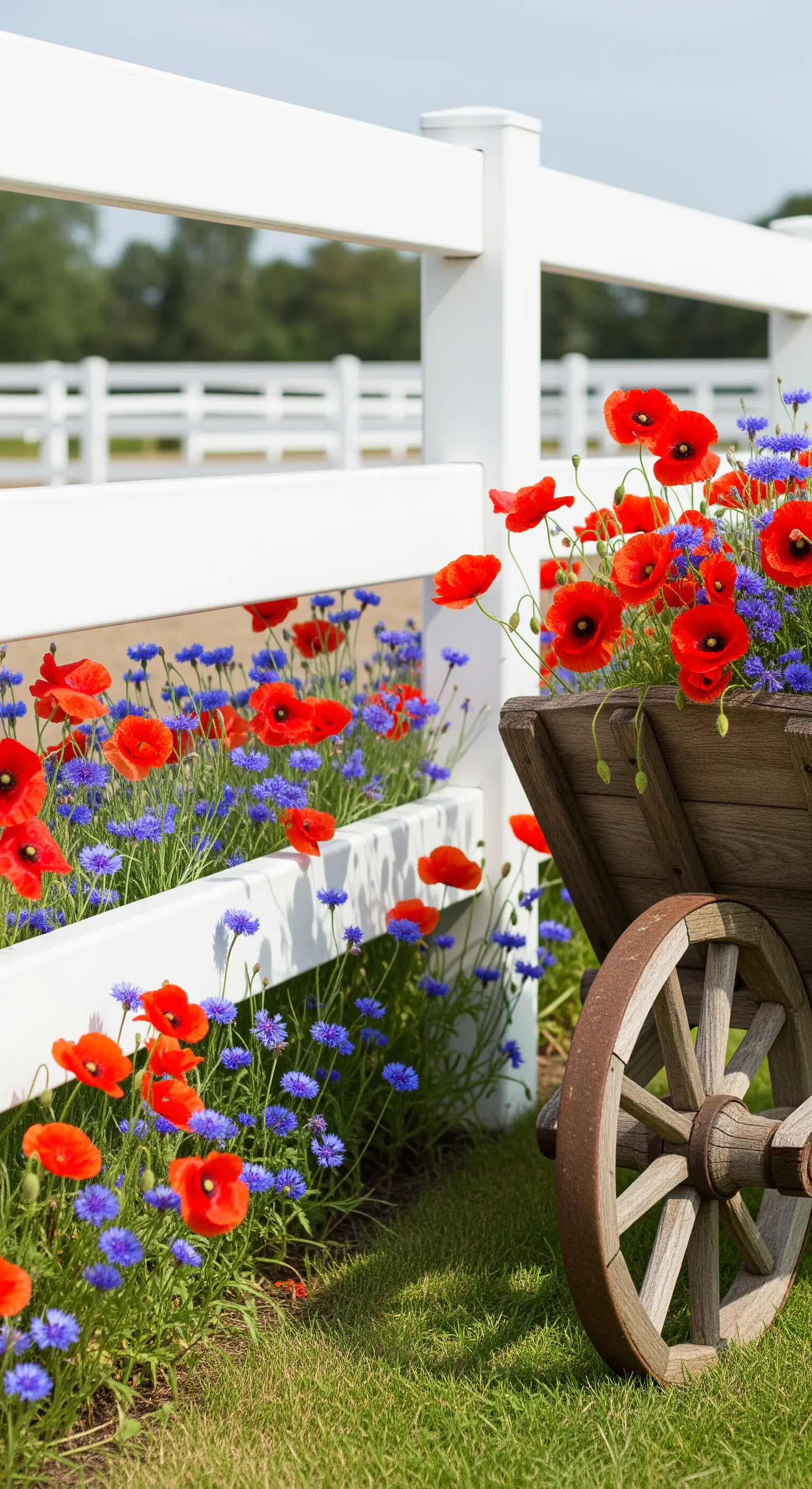 Weißer Zaun mit Mohn, Kornblumen und altem Holzwagenrad