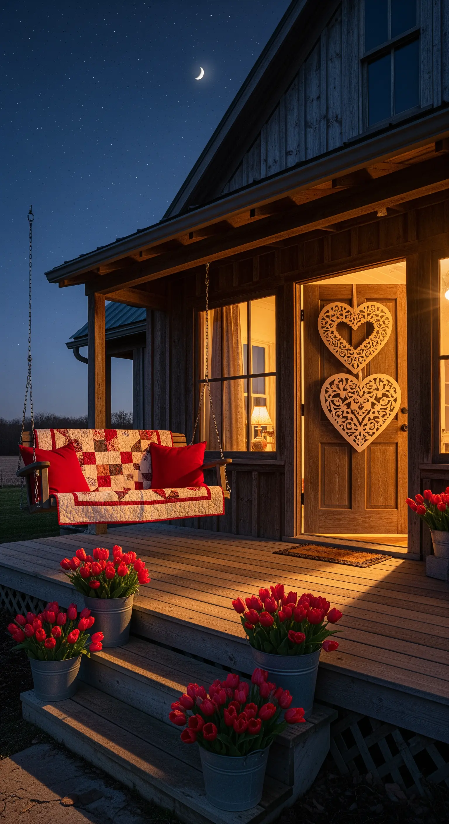 Rustikale Holzveranda mit Schaukelbank, Herzdeko an der Tür und Tulpen.