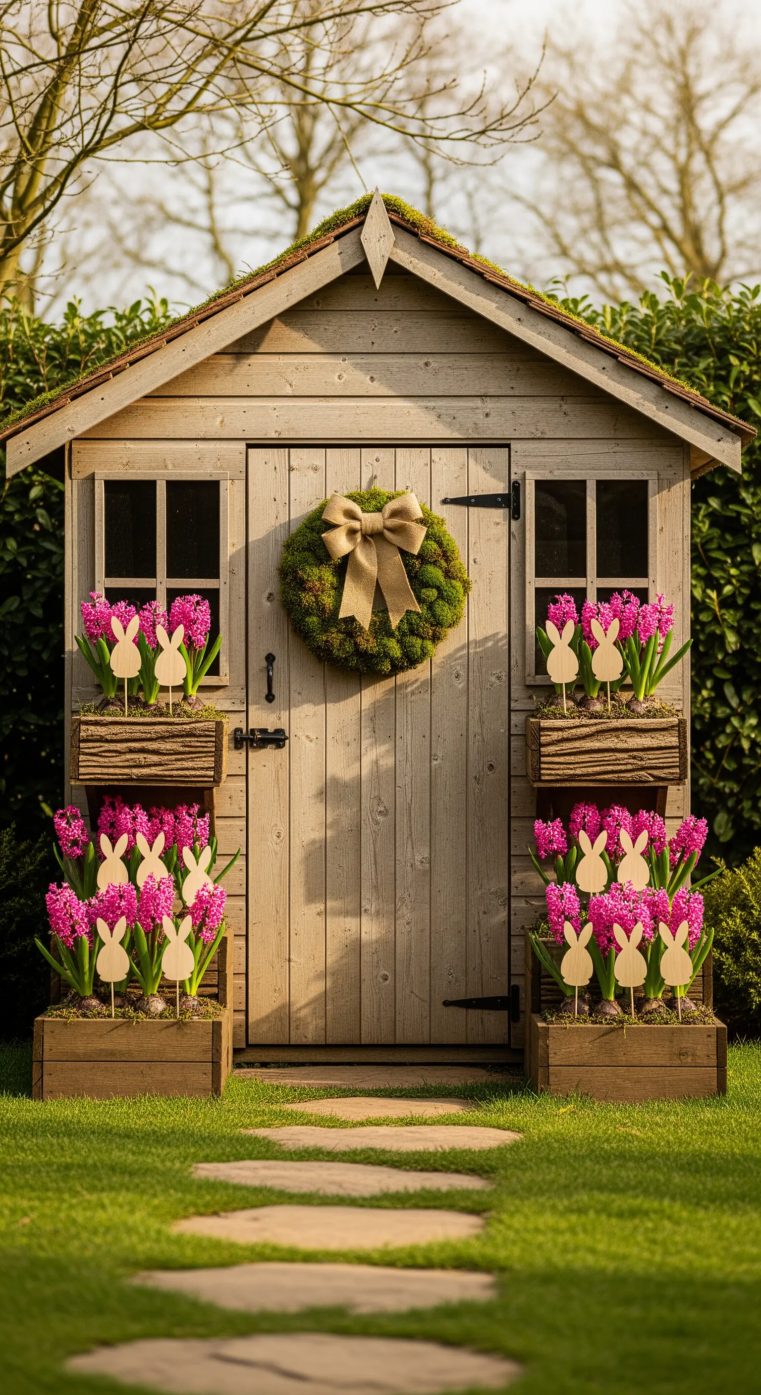 Gartenhaus-Eingang mit rosa Hyazinthen, Hasen-Dekoration und Mooskranz