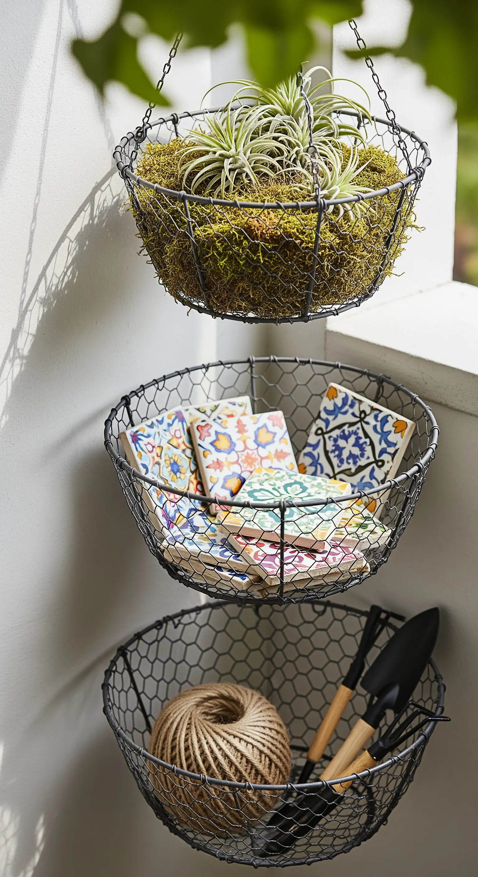 Drei hängende Drahtkörbe als Etagere mit Moos, Fliesen und Gartenwerkzeug.