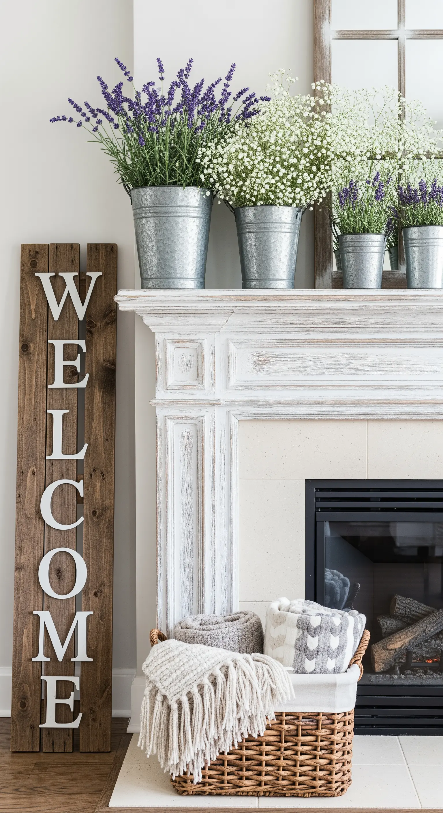 Farmhouse-Deko mit Lavendel in Zinkeimern, einem Holzschild und einem Korb mit Decken