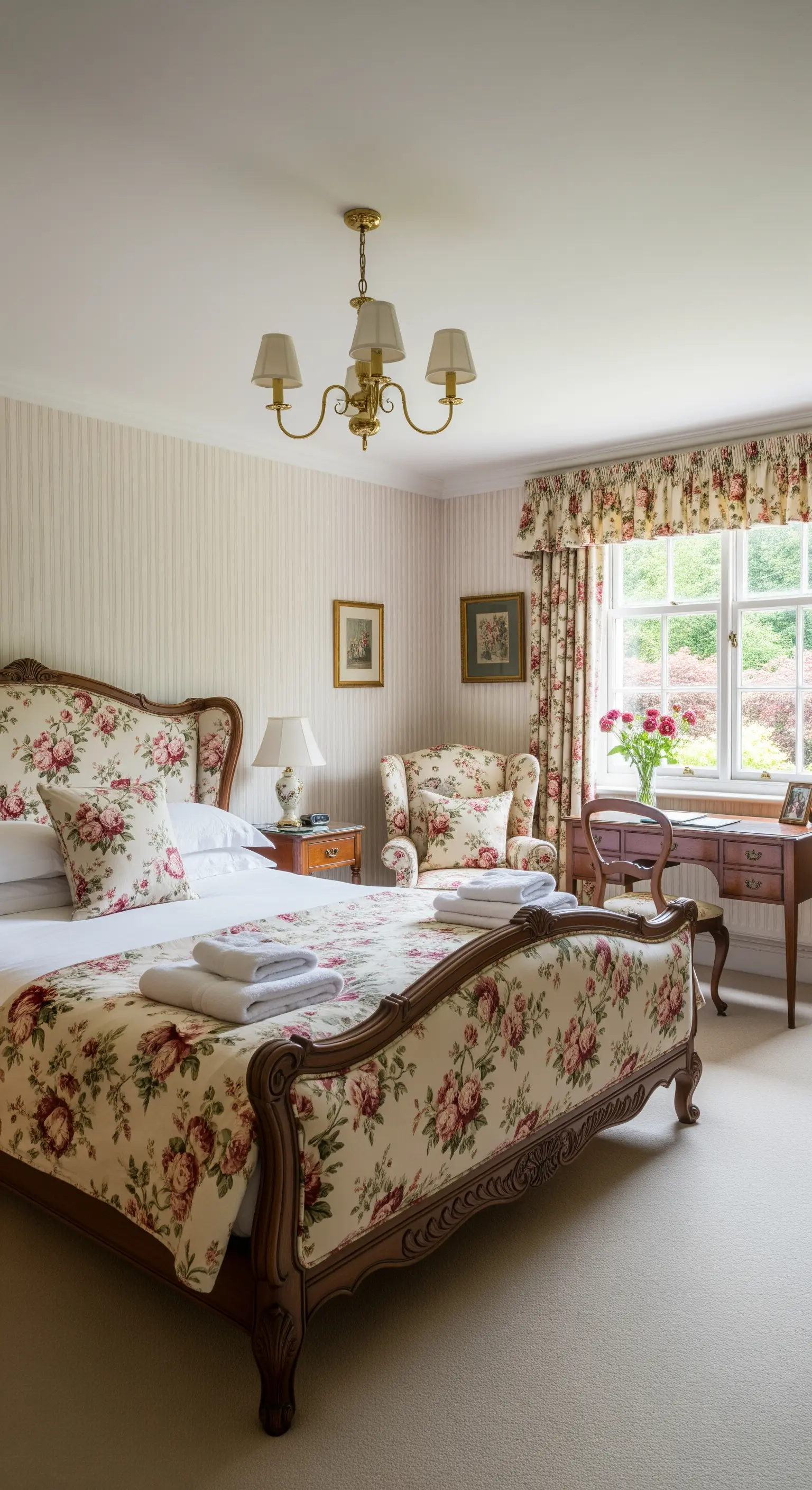 Bett mit floralem Stoffbezug in einem Schlafzimmer im englischen Landhausstil