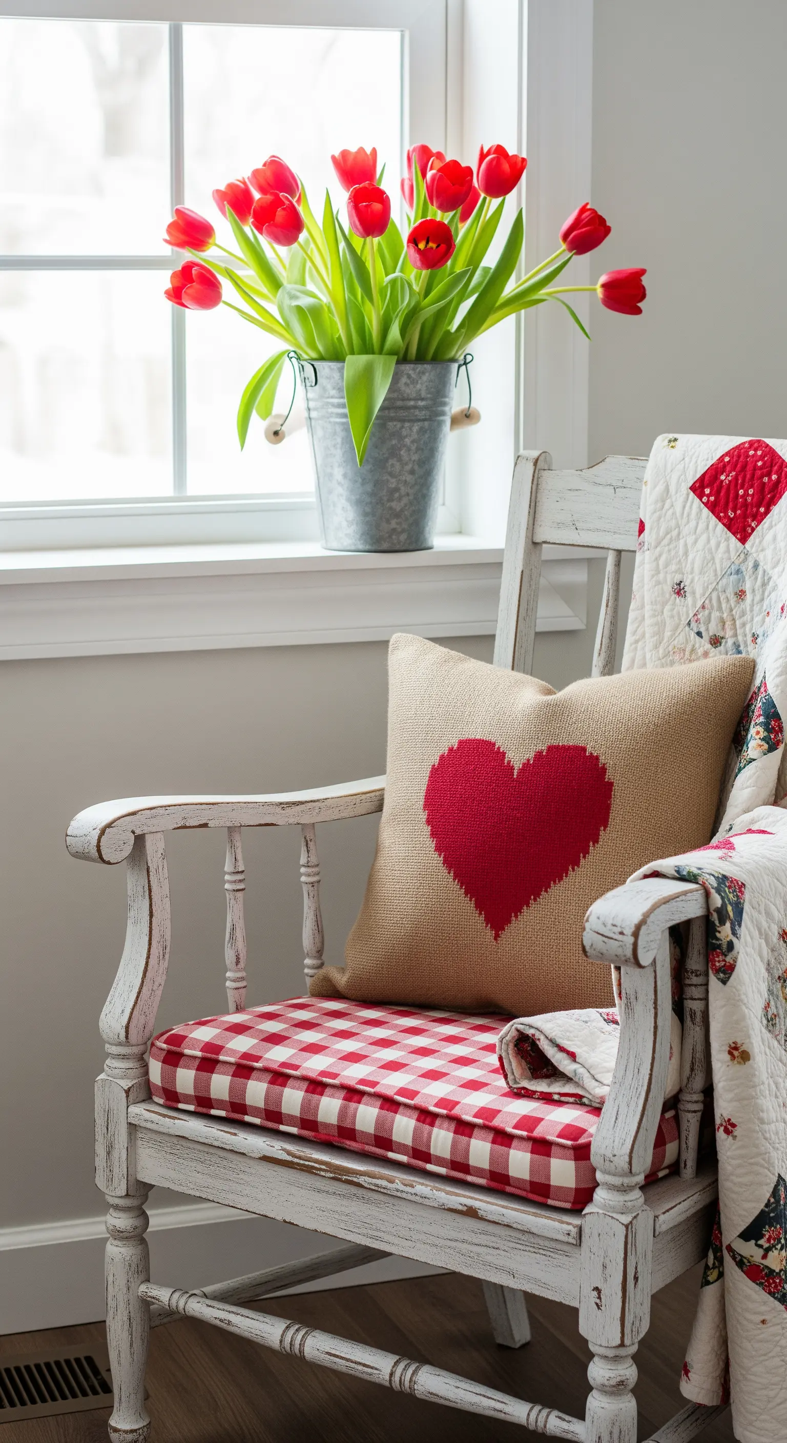 Weißer Vintage-Stuhl mit Karomuster-Sitzkissen, Herzkissen und einer Patchwork-Decke.