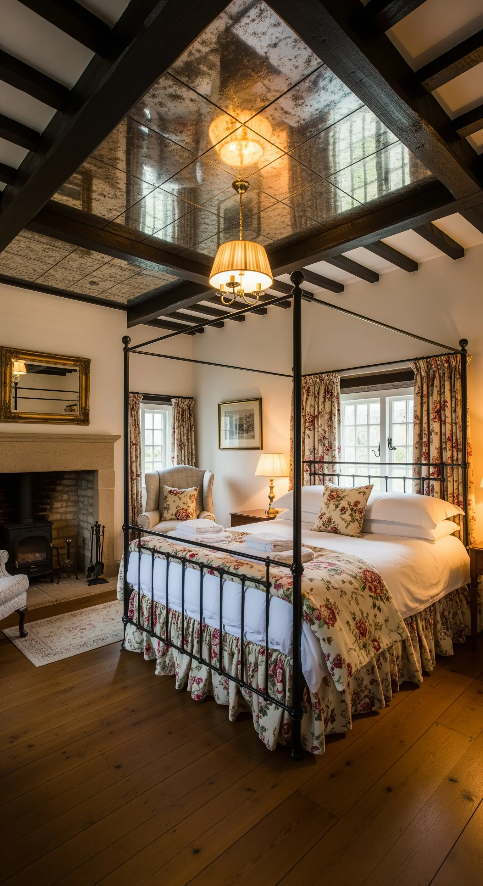 Landhaus-Schlafzimmer mit Holzbalken, Himmelbett und Antikspiegeln zwischen den Balken.