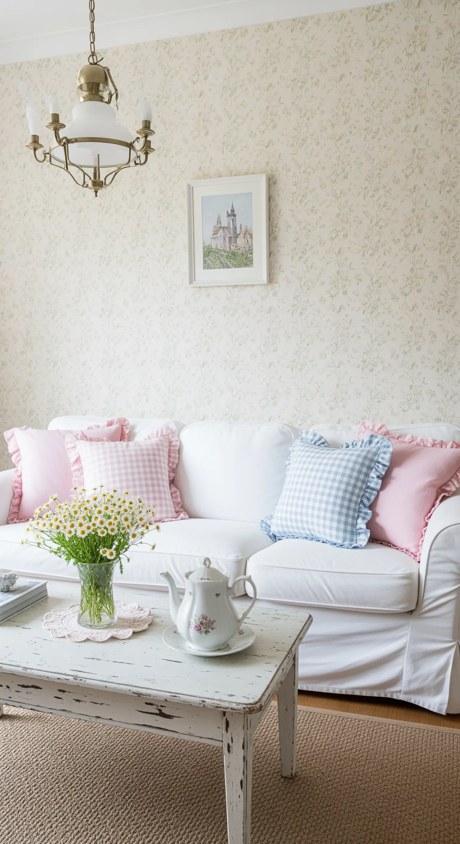 Weißes Sofa in einem Cottage-Wohnzimmer, dekoriert mit rosa und blauen Vichy-Karo-Kissen.