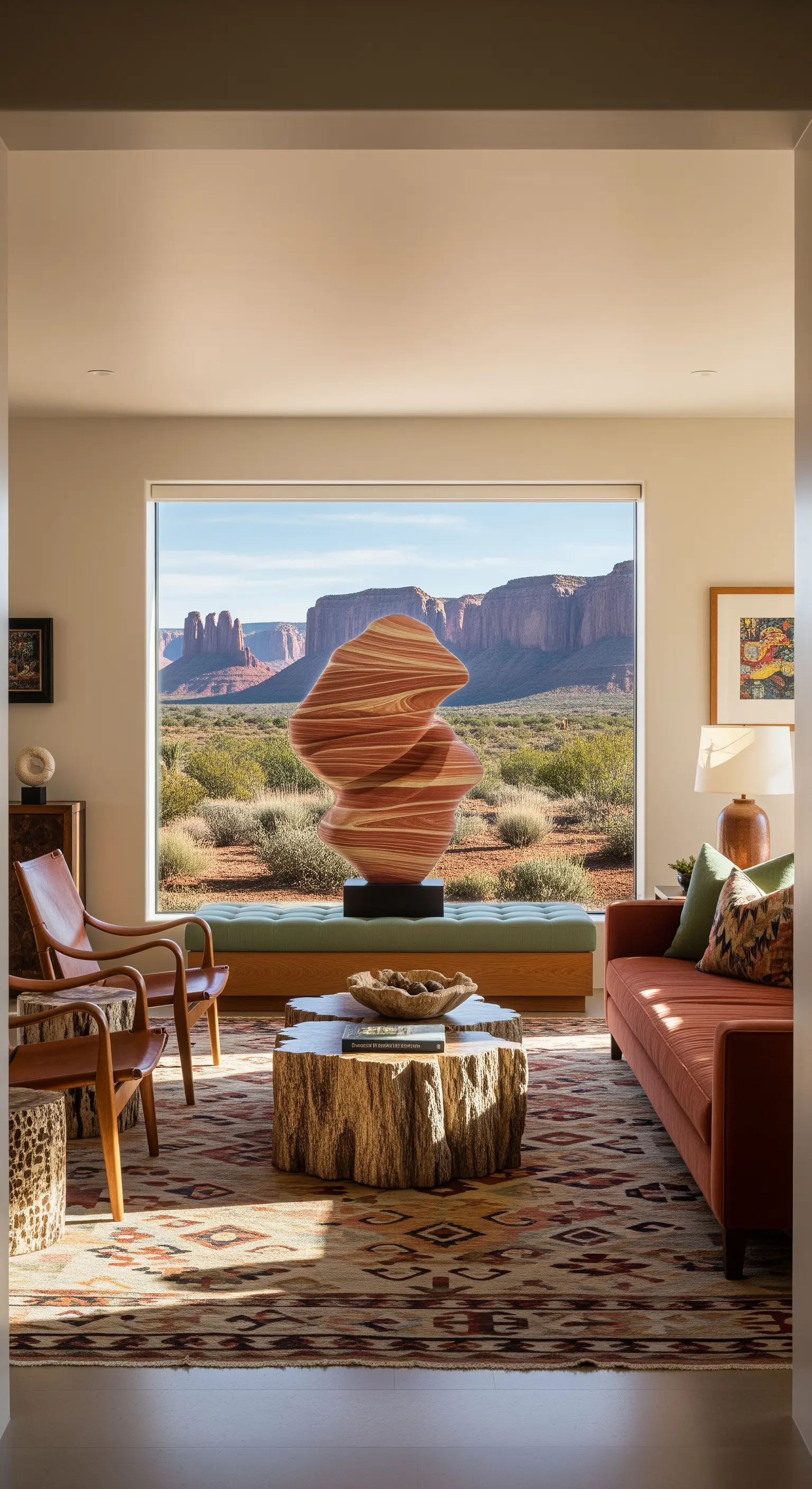 Steinskulptur, die die Felsformationen der Wüste widerspiegelt, vor einem Panoramafenster.