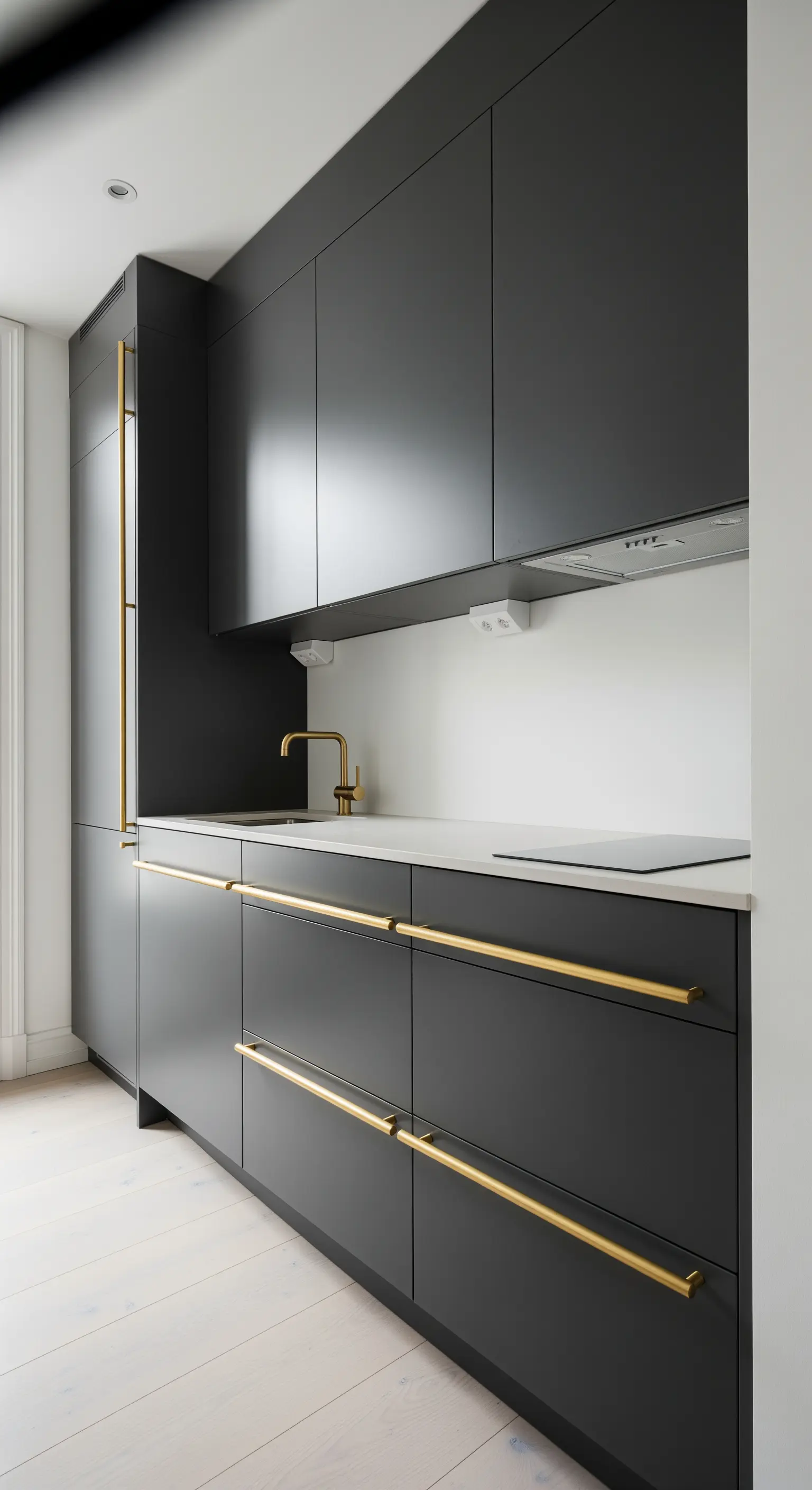 Dunkelgraue Küche mit langen, horizontalen Stangengriffen aus glänzendem Gold.