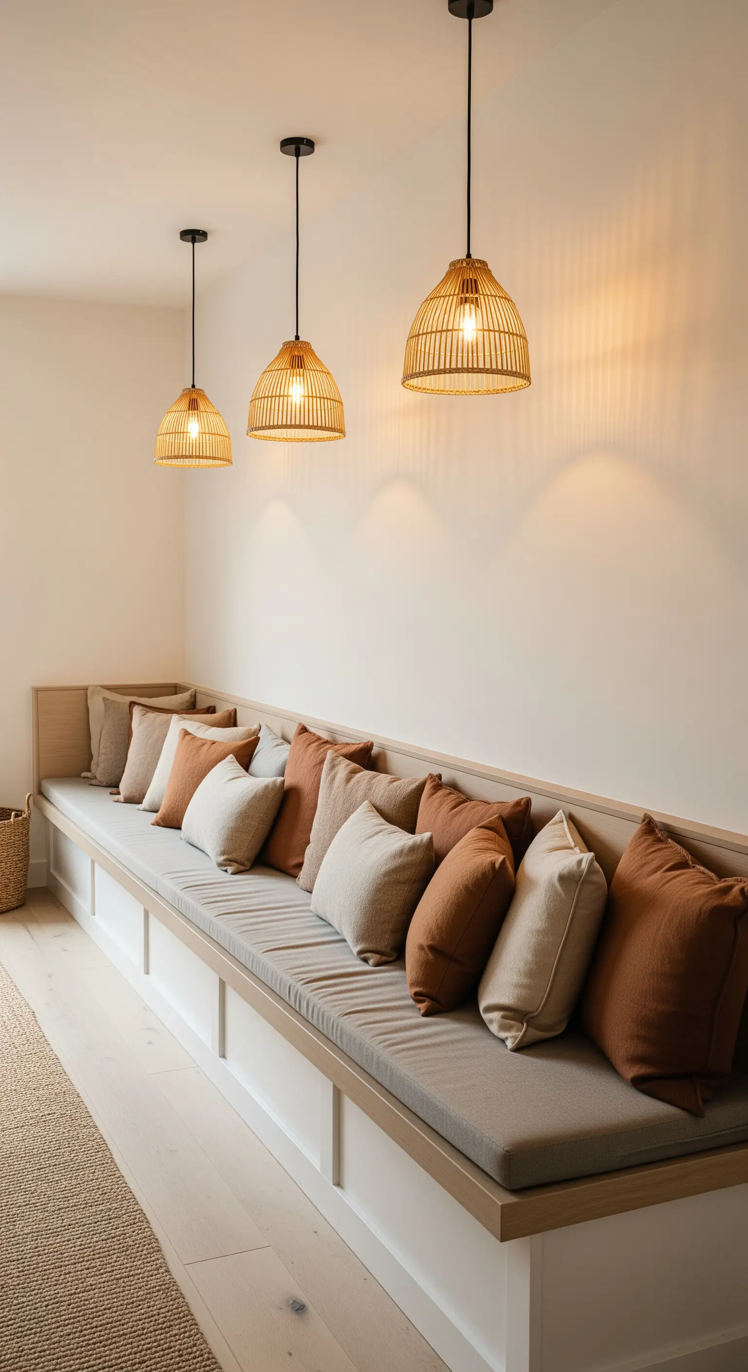 Eine lange, eingebaute Sitzbank mit vielen Kissen wird von drei hängenden Rattan-Lampen beleuchtet.