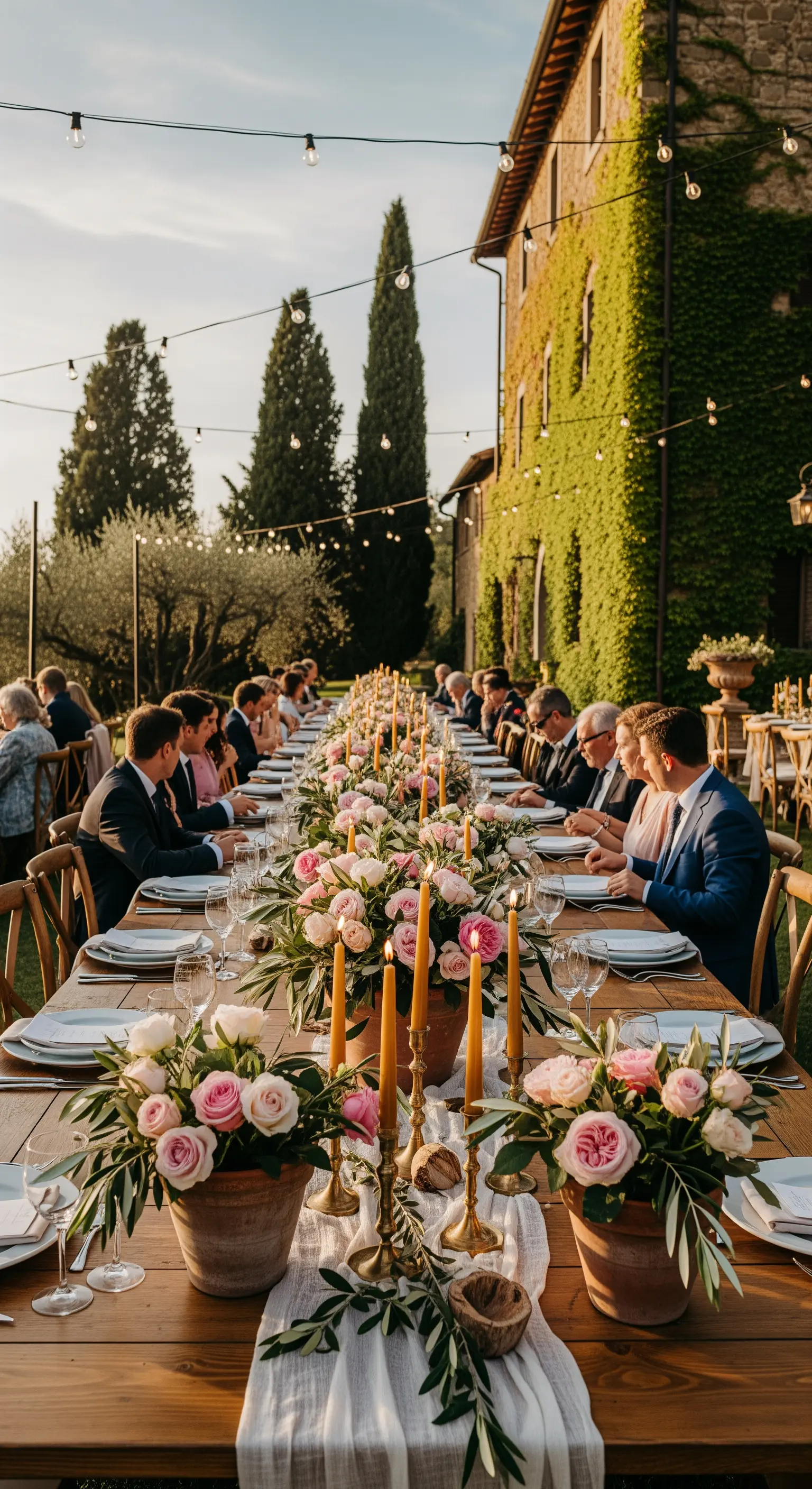 Lange Festtafel mit Terrakotta-Töpfen und Rosen