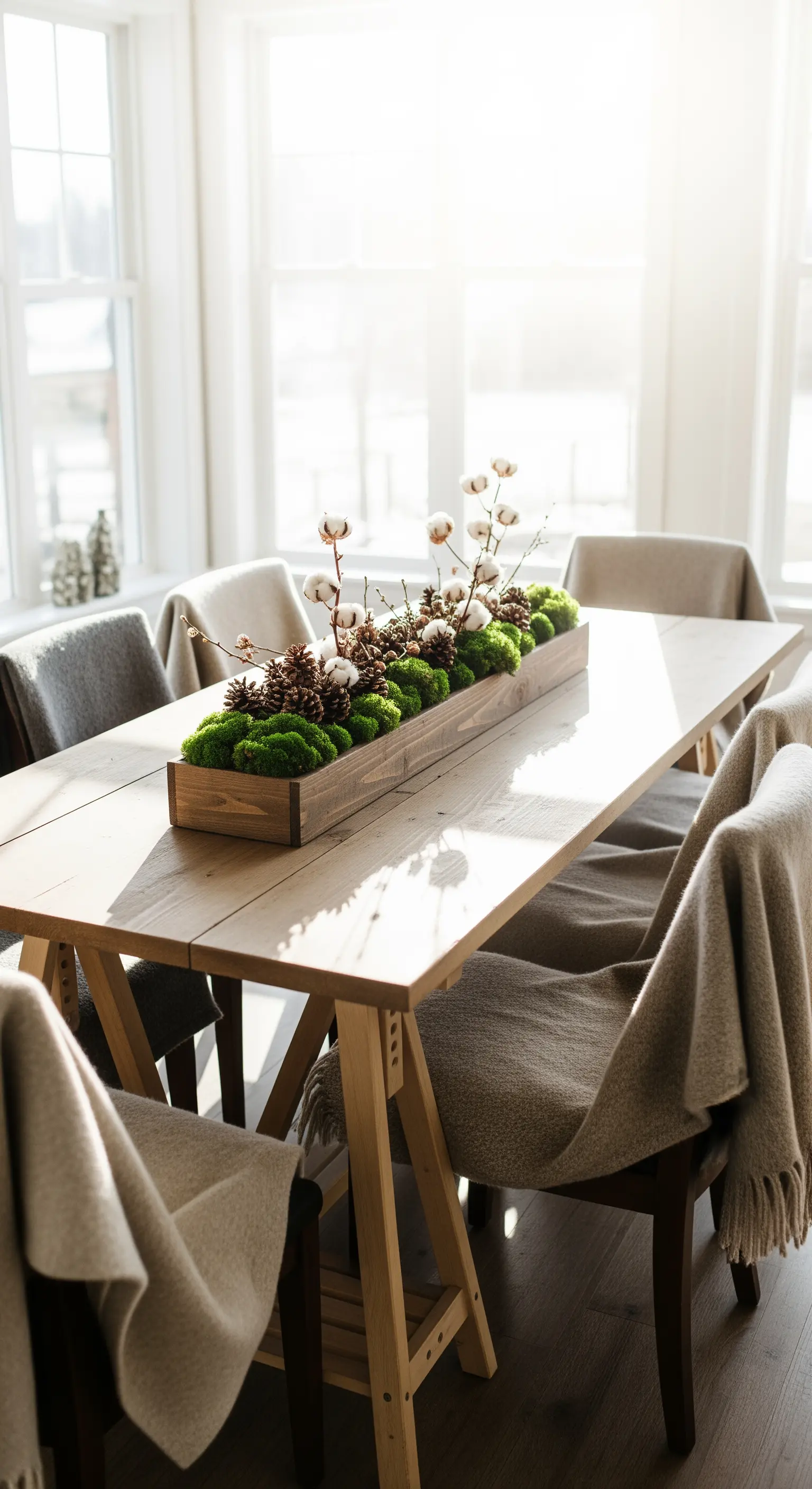 Lange Holzkiste mit Moos, Tannenzapfen und Baumwollkapseln als Tischdeko