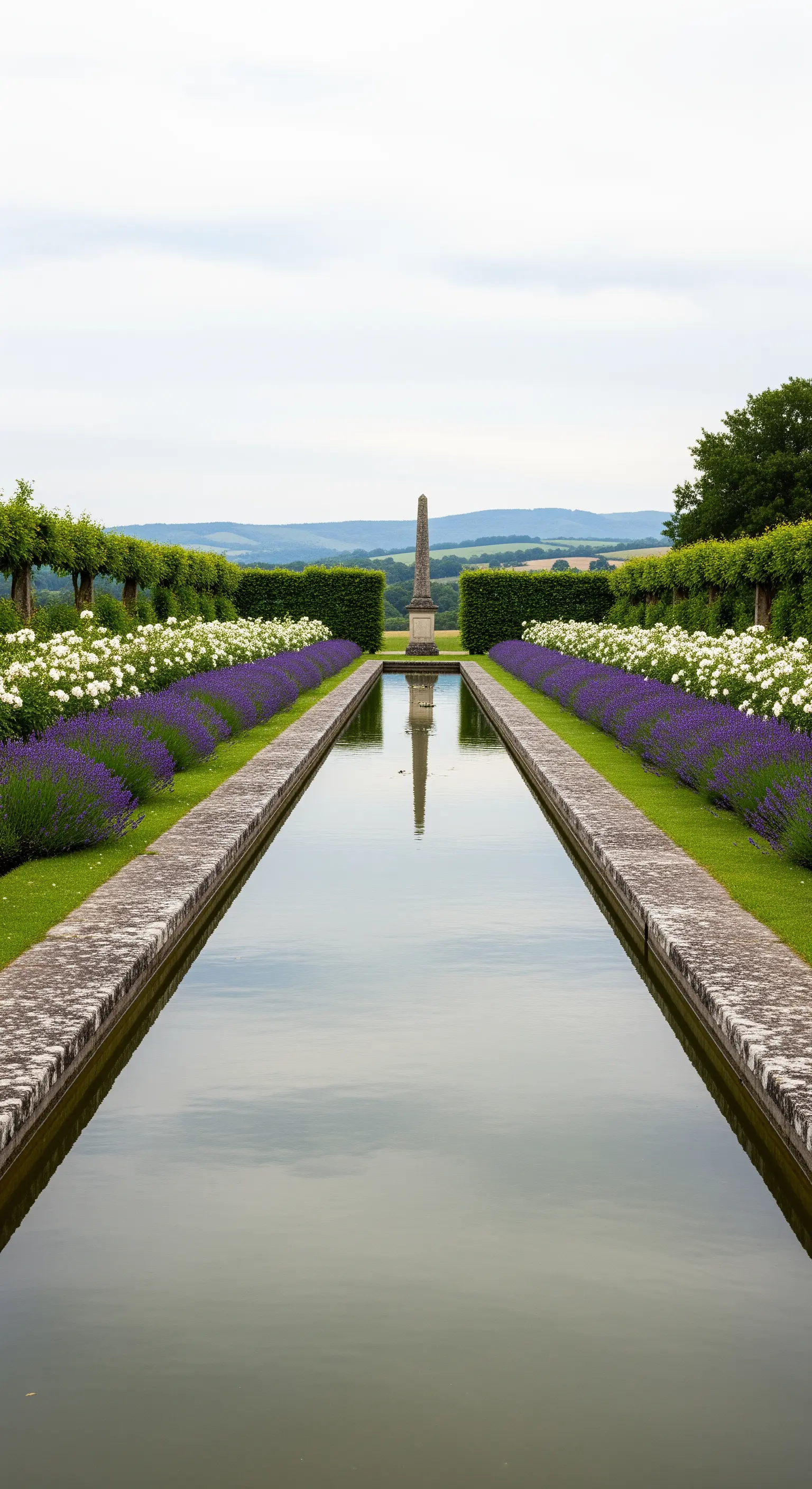 Langer Wasserkanal mit Lavendelreihen, weißen Rosen und Obelisk im Hintergrund